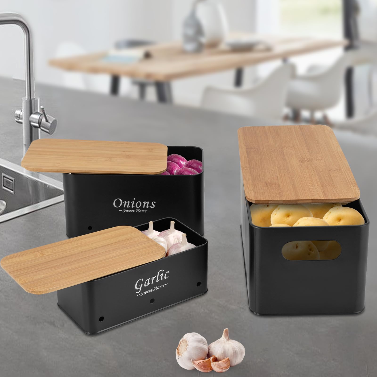 Kartoffel Aufbewahrungsbox 3er Set, Aufbewahrungsbox Küche für Zwiebeln/Kartoffeln/Knoblauch, Aufbewahrung Küche mit Belüftungslöchern, 3 Größen, Schwarz