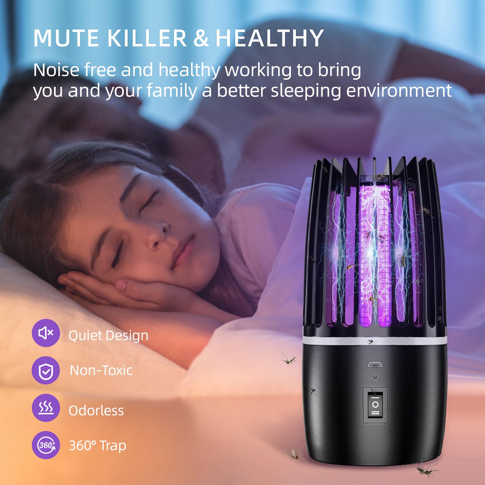 Insektenvernichter Elektrisch, Wiederaufladbarer Mückenvernichter mit 4000 mAh Akku, 2-in-1-Gerät mit UV-Lampe, 360°-Anlockung und Insektenvernichtung für drinnen und draußen
