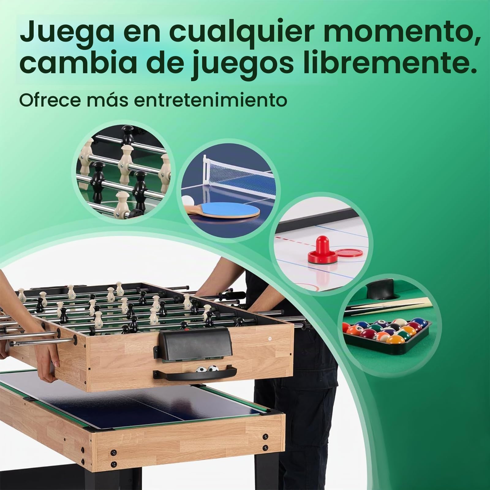Mesa de Multijuegos 4 en 1, Mesa de Futbolín con Billar, Air Hockey y Tenis de Mesa para Sala de Juegos, Bares, Noche Familiar, Juego de Arcade Combinado con Accesorios