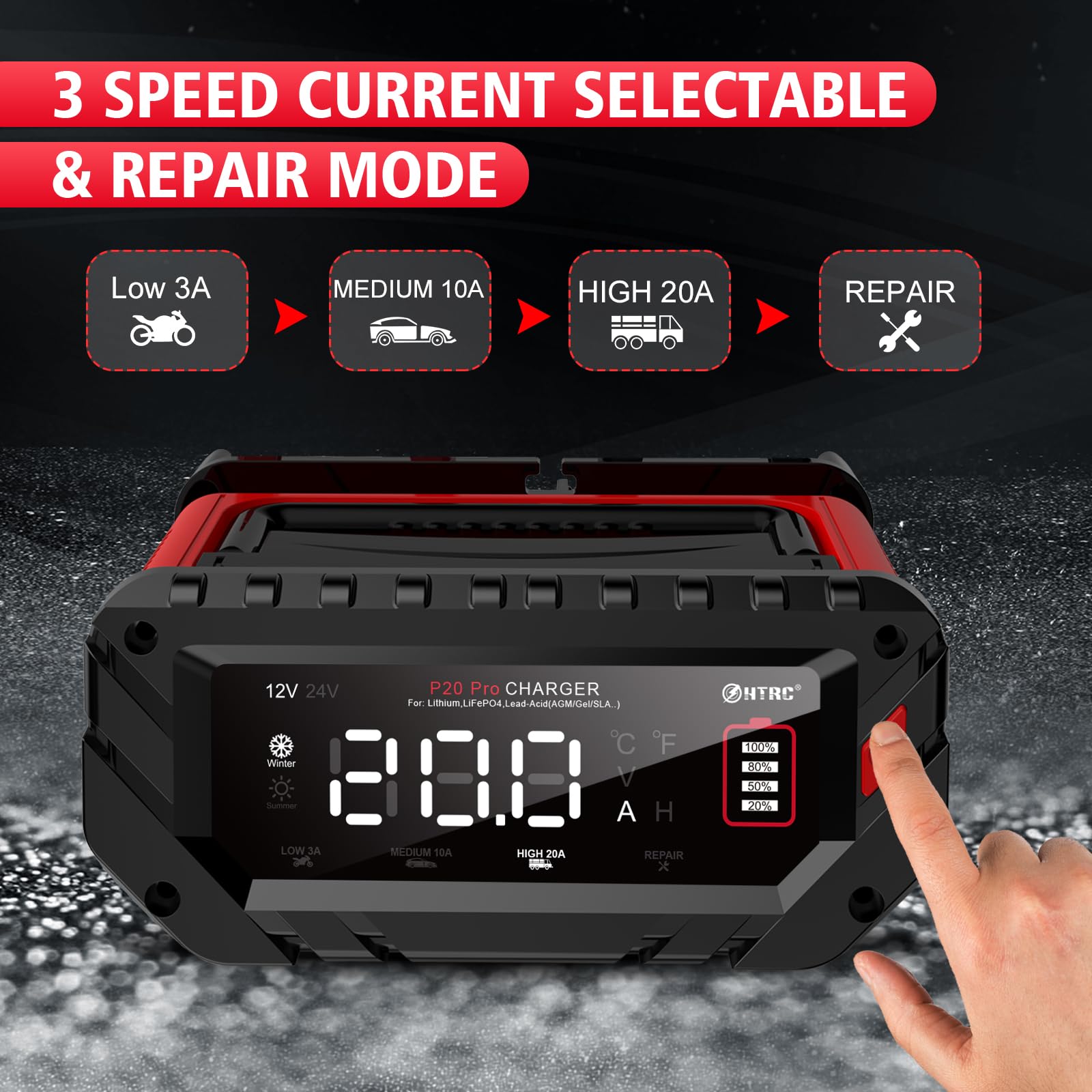 HTRC HTRC 12V/24V Car Battery Charger, 20A Chargers for Car Batteries, Battery Charger Car for Car, Motorcycle, Lawn Mower, Boat, Lithium, LiFePO4 and Lead Acid (AGM, Gel, MF, EFB, SLA, VRLA, Wet) in use