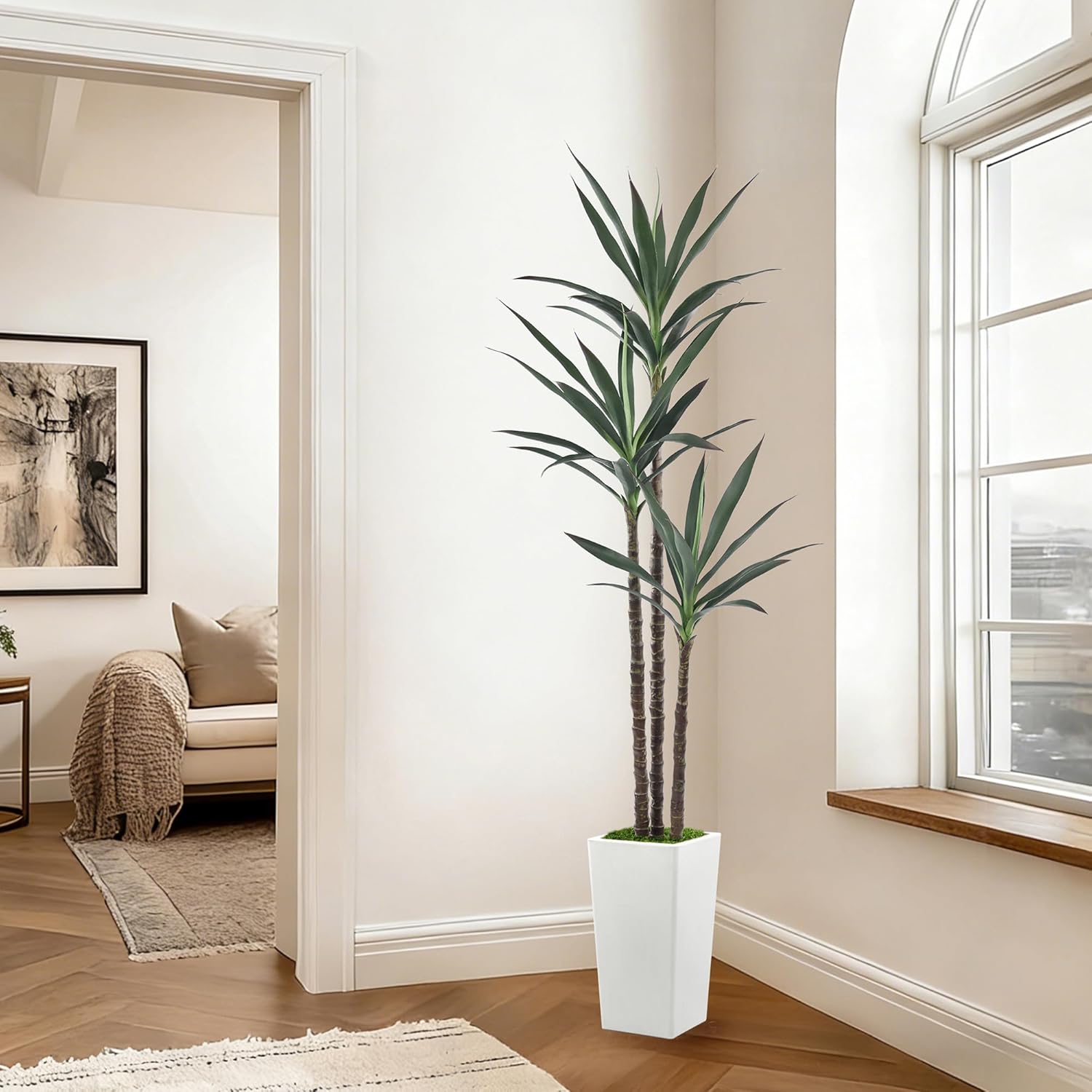 Artificial Tree 6.2FT Faux Agave Plant with 3 Heads and 42 Leaves in Potted Tall 75" Fake Tree for Home Office Bedroom Living Room Indoor Outdoor Decor Housewarming Gifts - Image 7