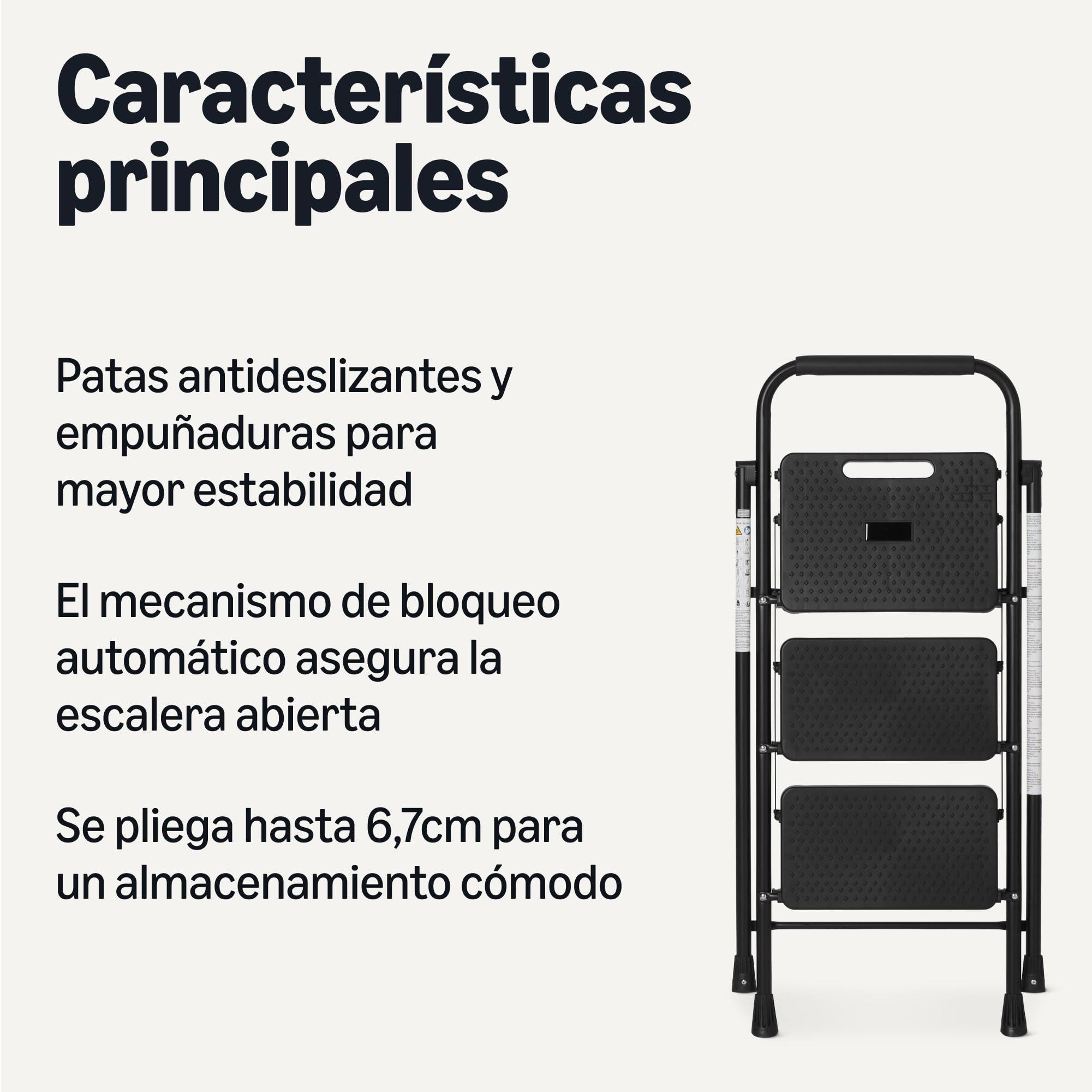 Amazon Basics Escalera Plegable 3 Peldaños, Estructura de Acero con Pies Antideslizantes, Capacidad de Carga Máxima 150kg, Altura 100,8 cm (Abierta), Negra
