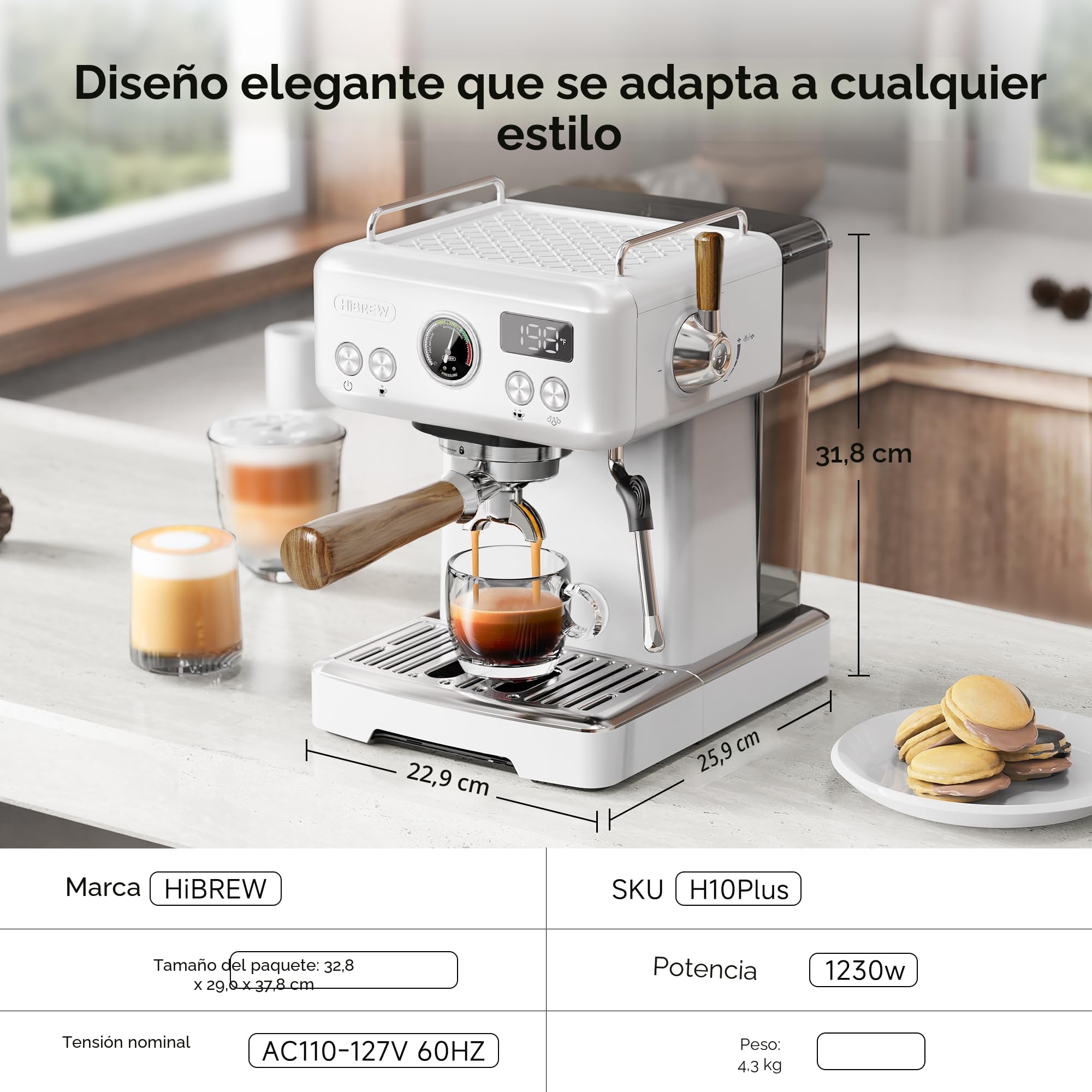 HIBREW H10Plus - Máquina de Café Espresso Programable, Portafiltro de 58 mm en Acero Inoxidable, Temperatura y Volumen de Taza Ajustables a Voluntad, con Pantalla Inteligente y Manómetro