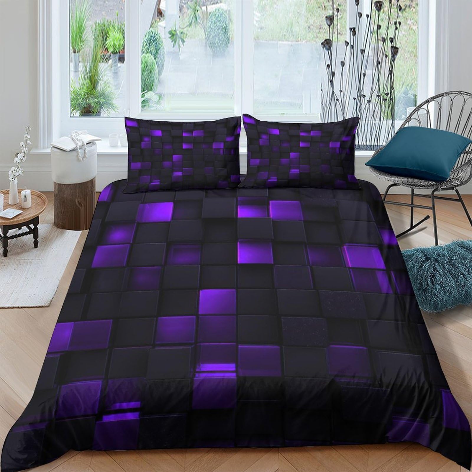 Ctjqhvkz Style-8 3D Printed Purple Geometric Fitted Sheet Microfiber Soft Black Square Pattern Mattress Cover For Bedroom Dorm Apartment Single（135X200cm）