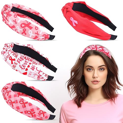 CiyvoLyeen Diadema de concientización sobre el cáncer de mama, diadema anudada con cinta rosa para mujeres, bandas para el cabello con nudo superior