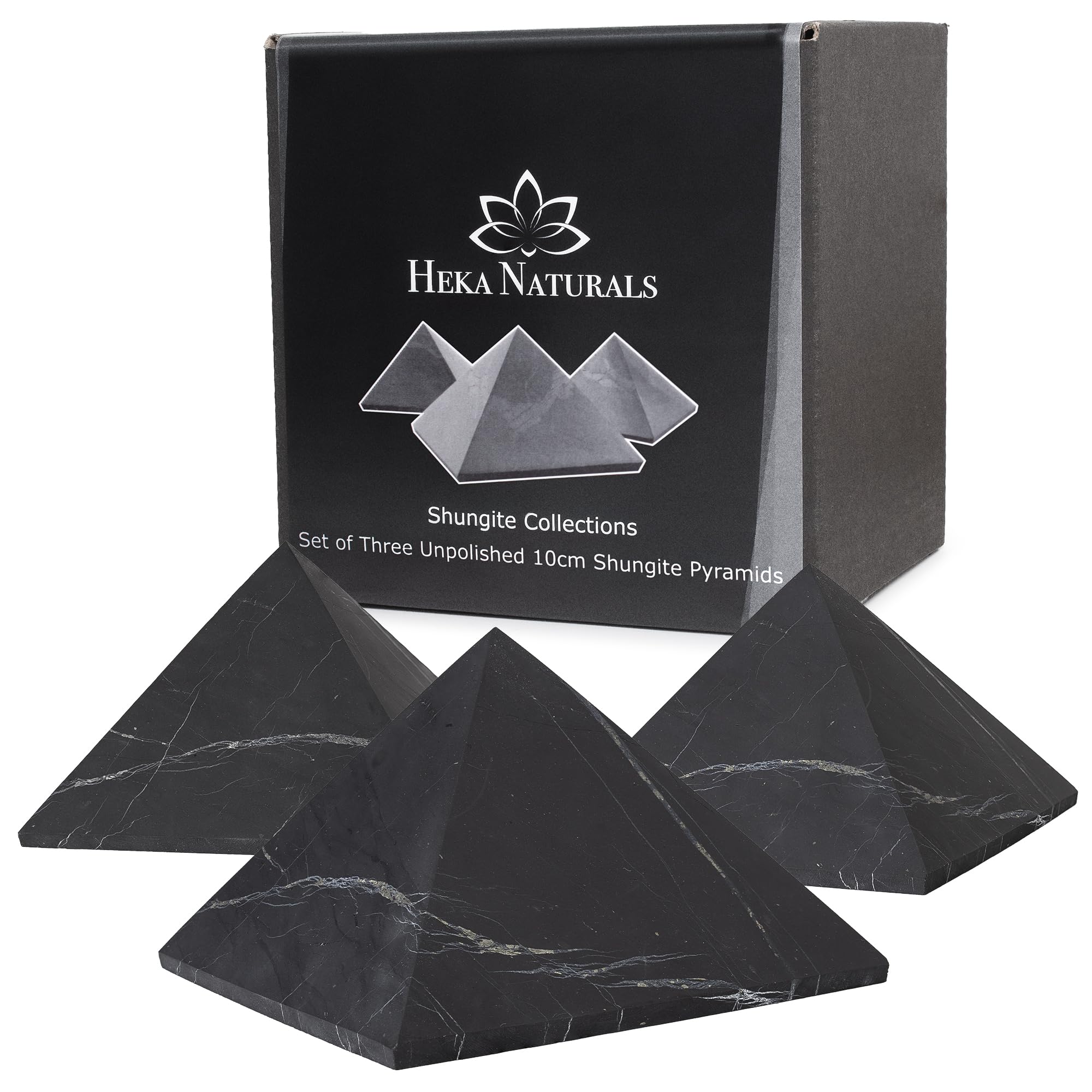 Heka Naturals Pyramide en Cristal Noir Non Poli de Shungite Set de 3 | 10 cm - Déco Maison, Méditation Pierres Chakra pour Soulager Le Stress - Contre l’Energie Négative