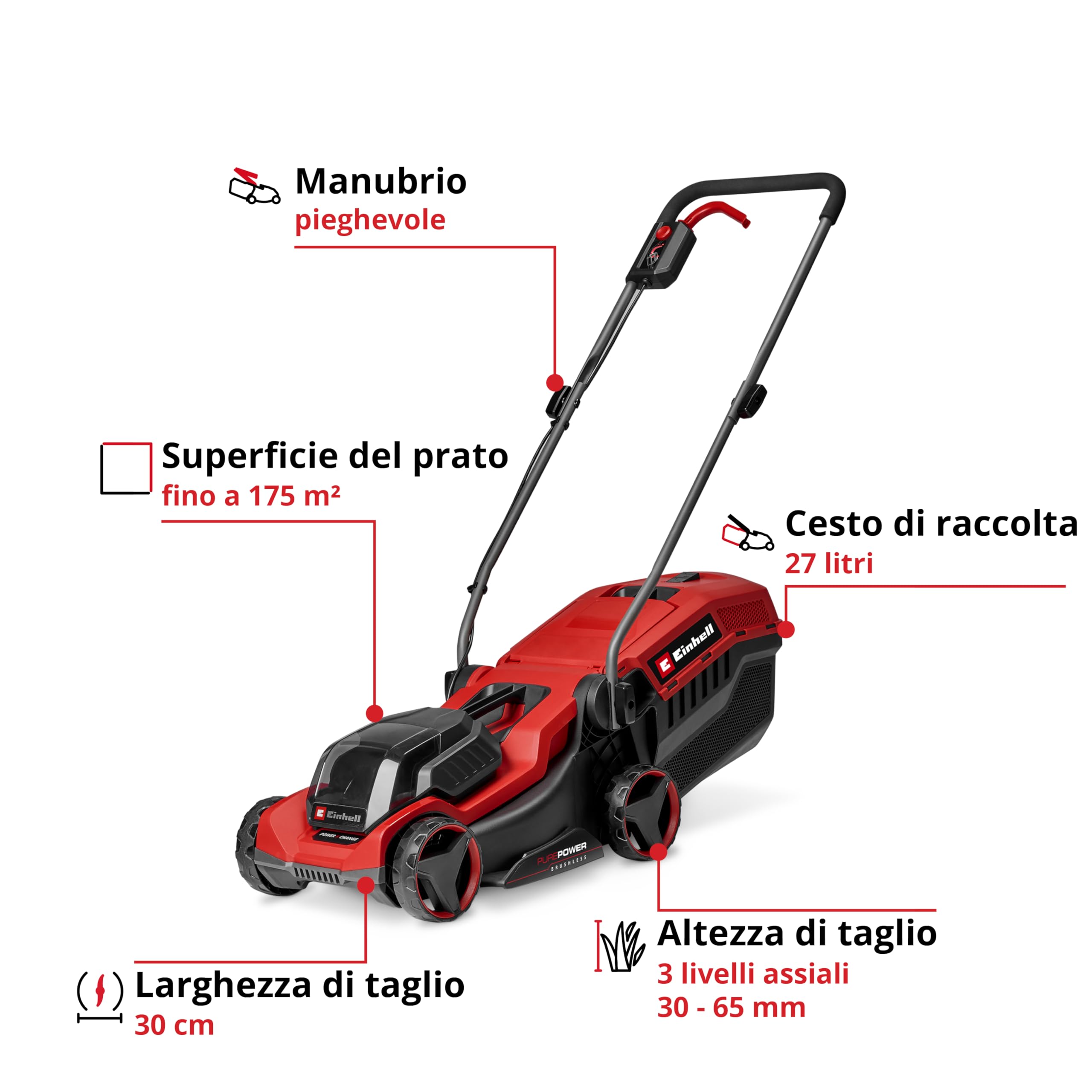 Il tosaerba Einhell Professional GE-CM 18/30-1 Li BL-Solo Power X-Change (18 V, larghezza di taglio 30 cm, fino a 175 m², Brushless, cesto di raccolta 27l, altezza di taglio 30-65 mm, senza batteria)