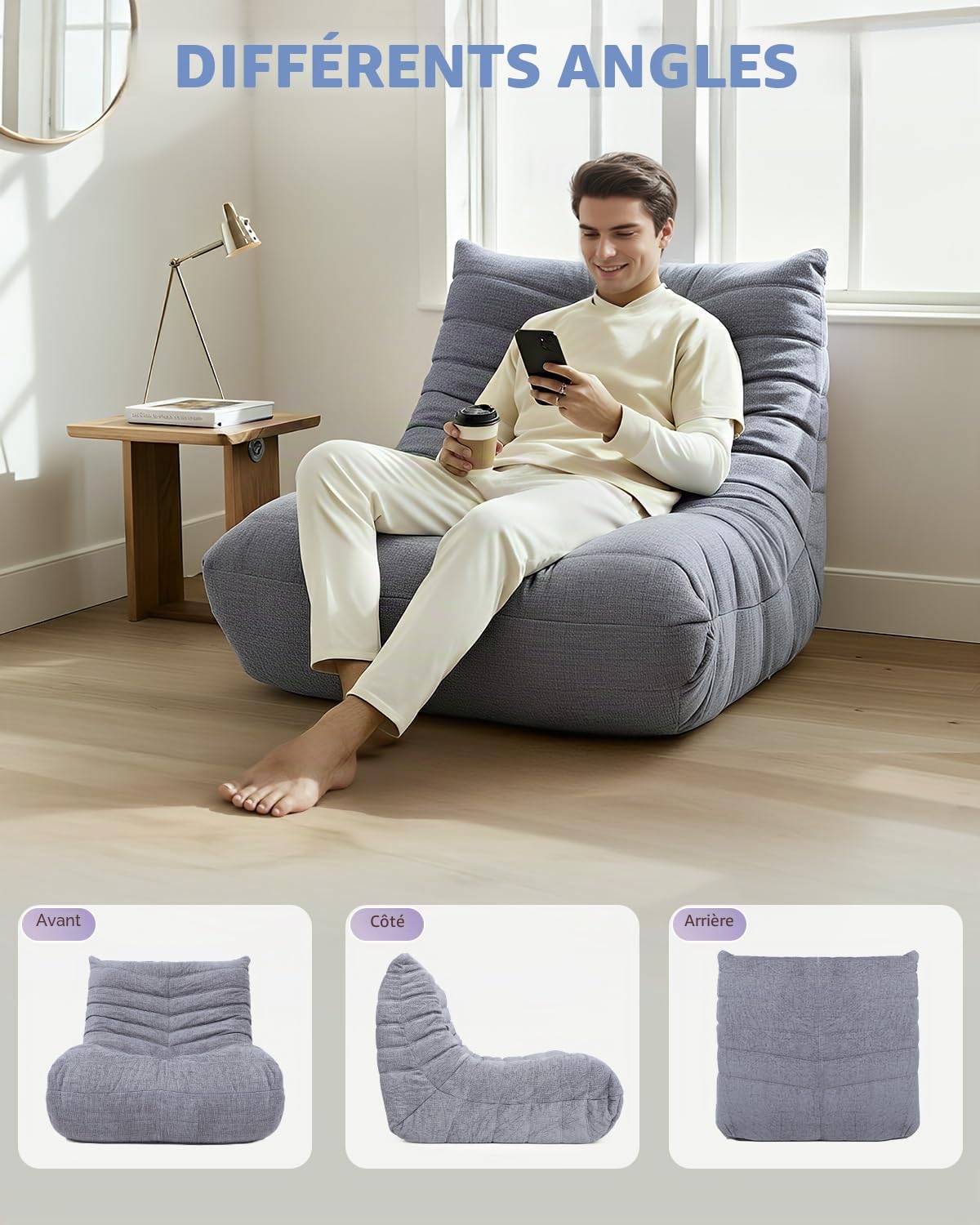 Pouf en Mousse Haute densité - Canapé de Sol en Tissu Chenille avec Dossier - Fauteuil de Lecture pour l'intérieur - pour Salon et Chambre à Coucher - Gris