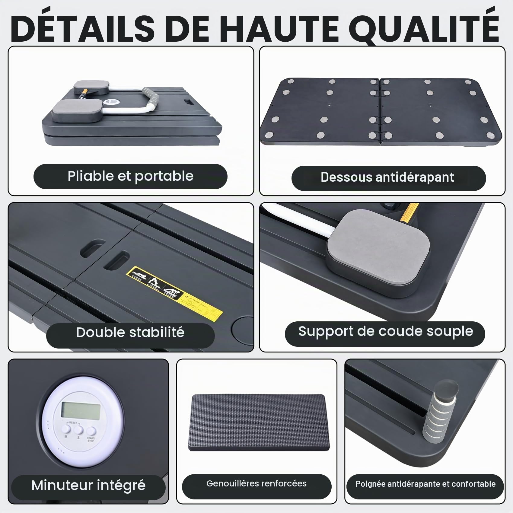 Pilates Reformer Compact, 5 en 1, pliable, avec compteur LED, rouleau à rebond automatique, planche abdominale multifonctionnelle pour la maison et la salle de sport (noir avec poignée)