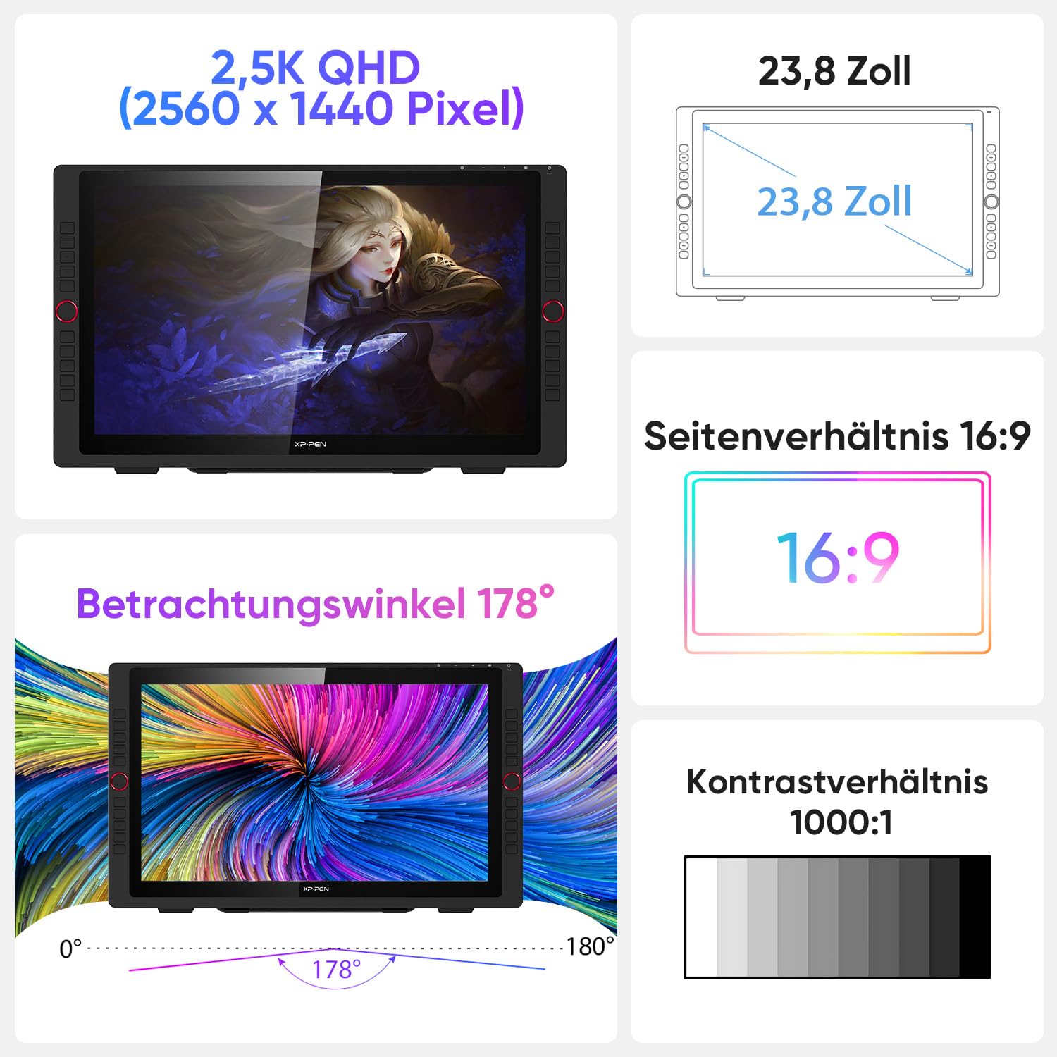 XP-Pen Artist 24 Pro Grafik-Tablet mit Display 2K QHD in 23,8 Zoll (63,8 cm), passiver Eingabestift, 8192 Ebenen, USB-C-Anschluss, kompatibel mit Windows/Mac/Android