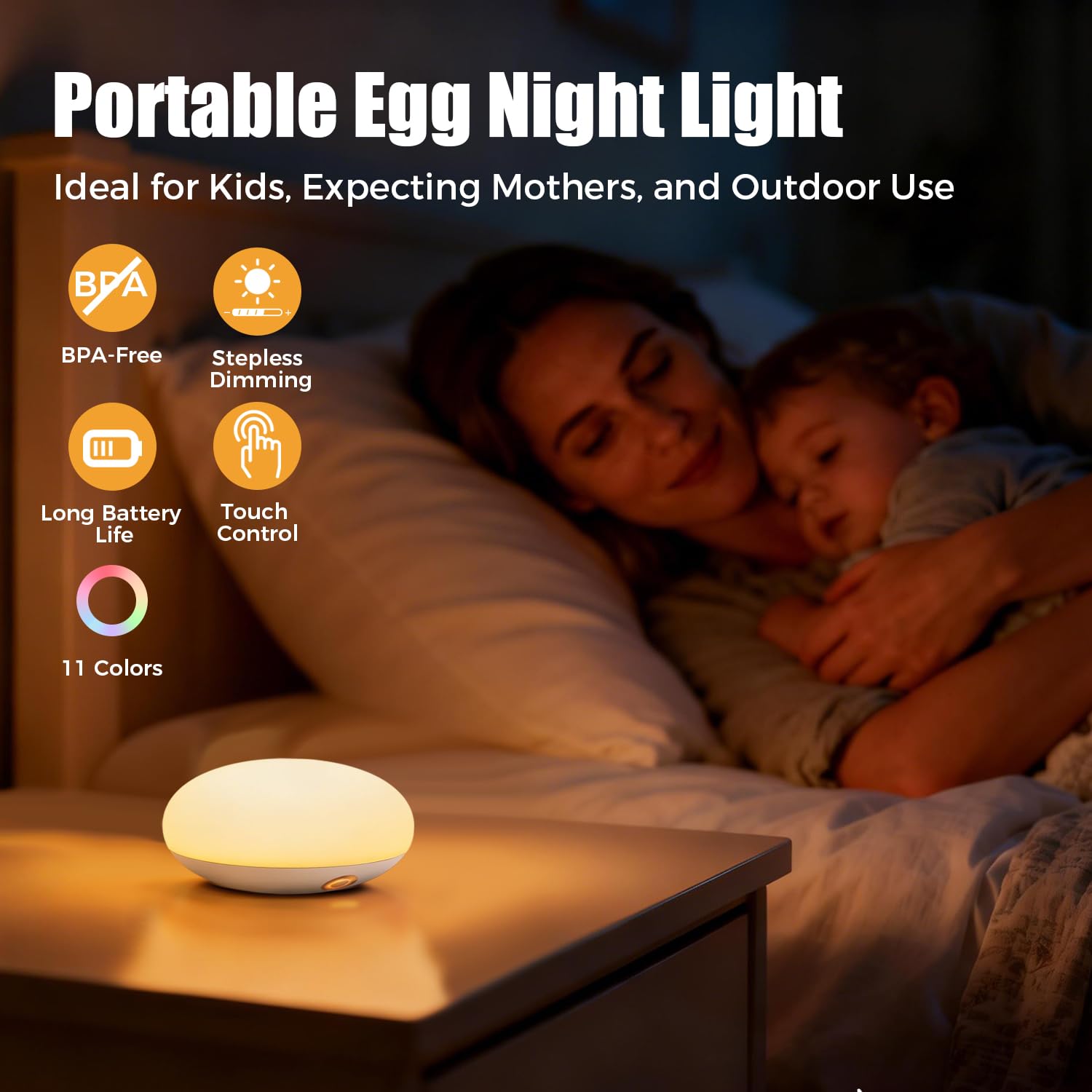 Tragbares Nachtlicht für Kinderzimmer – Baby-Nachtlampe zum Stillen, weiche Silikon-Touch-Lampe, Eierlicht für Kinder, mit 11 Farbwechsel und Augenpflege, stufenloses Dimmen