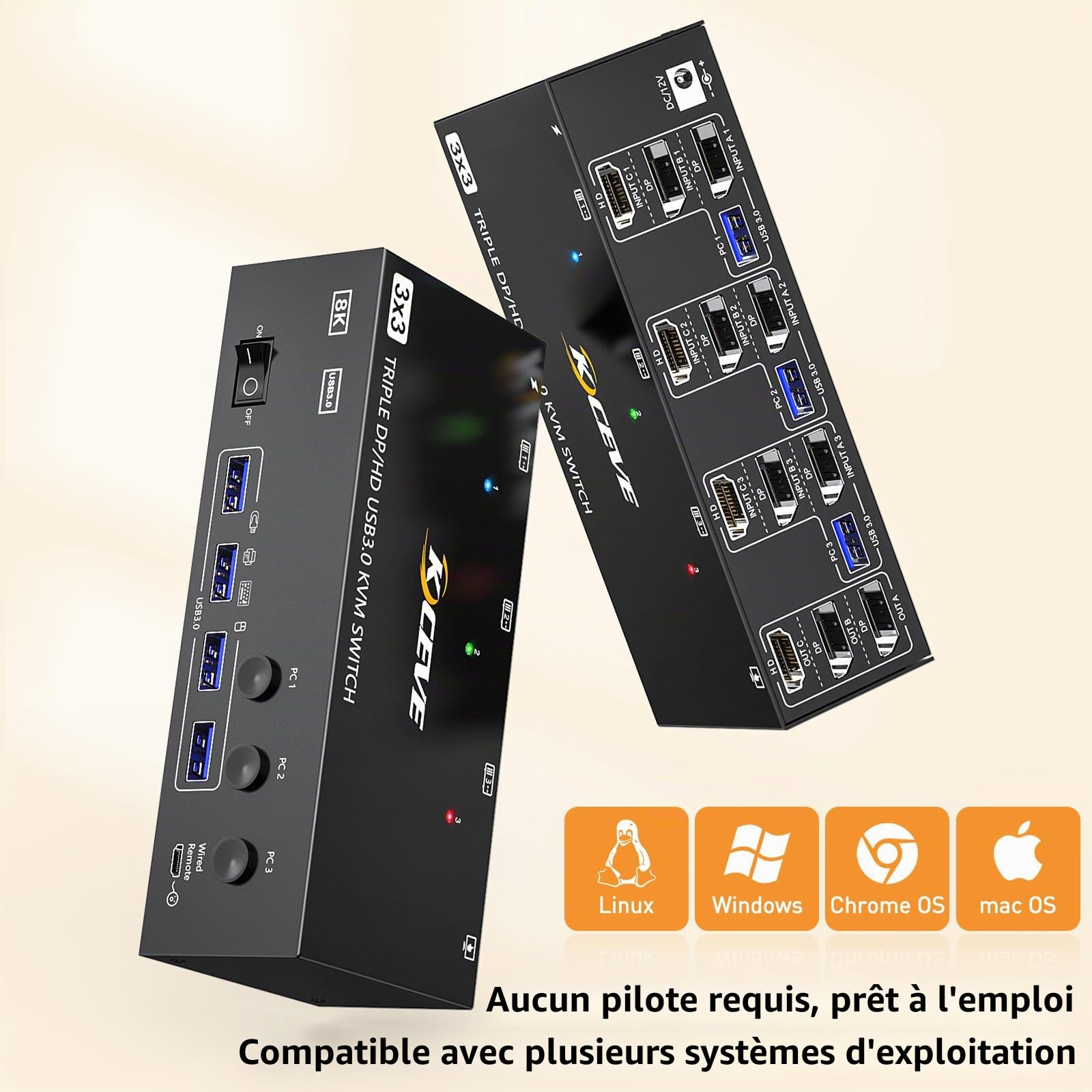 Commutateur KVM 3 moniteurs 3 PC, Displayport HDMI USB 3.0 Commutateur KVM pour deux écrans, prend en charge 4K @ 60 Hz pour 3 ordinateurs