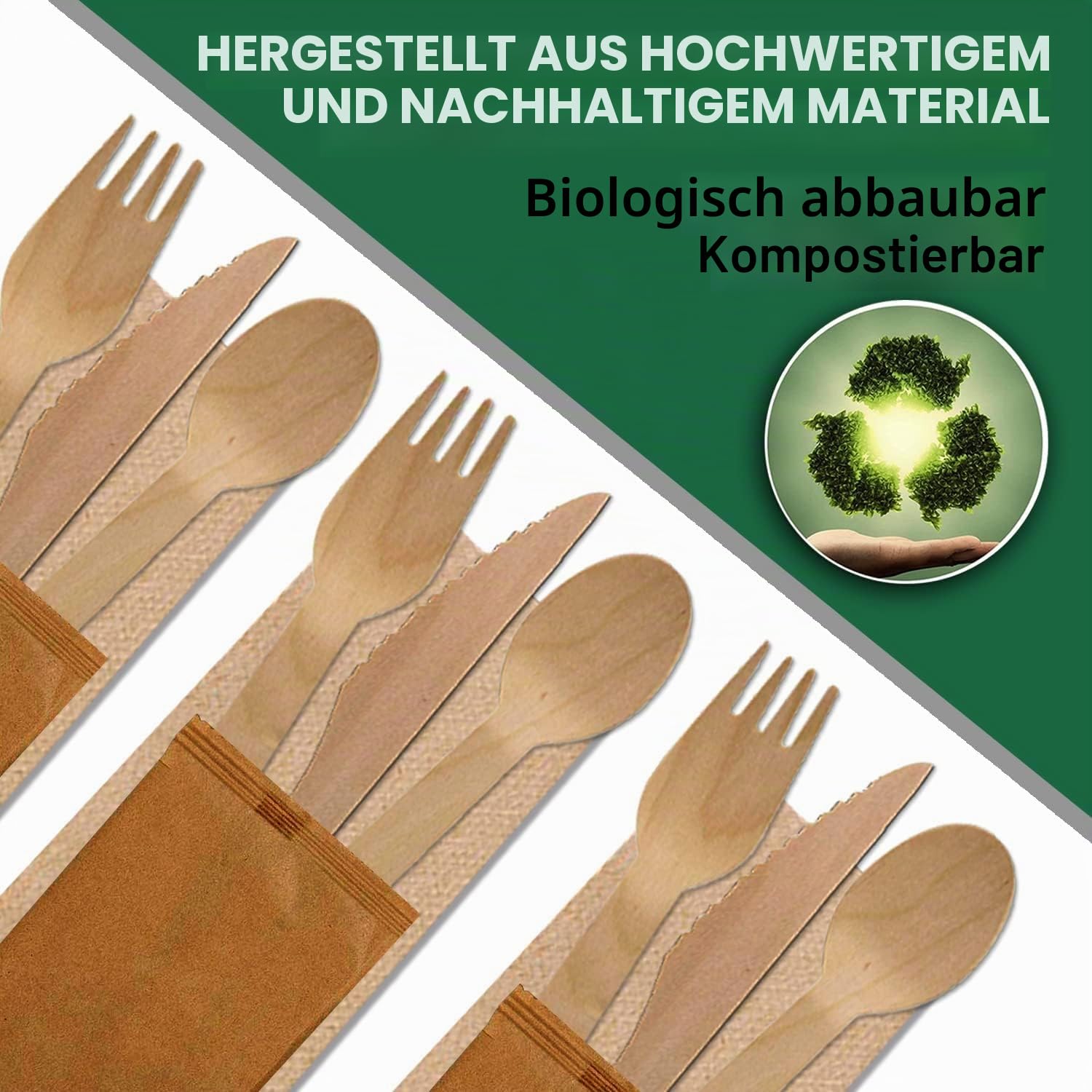 Einwegbesteck aus Holz [150 Stück / 50 set] - Nachhaltiges Besteck für Camping, Party, Einzelverpackung aus Kraftpapier,Gabel-Messer & Löffel - 100% natürlich, biologisch abbaubar & BPA-frei