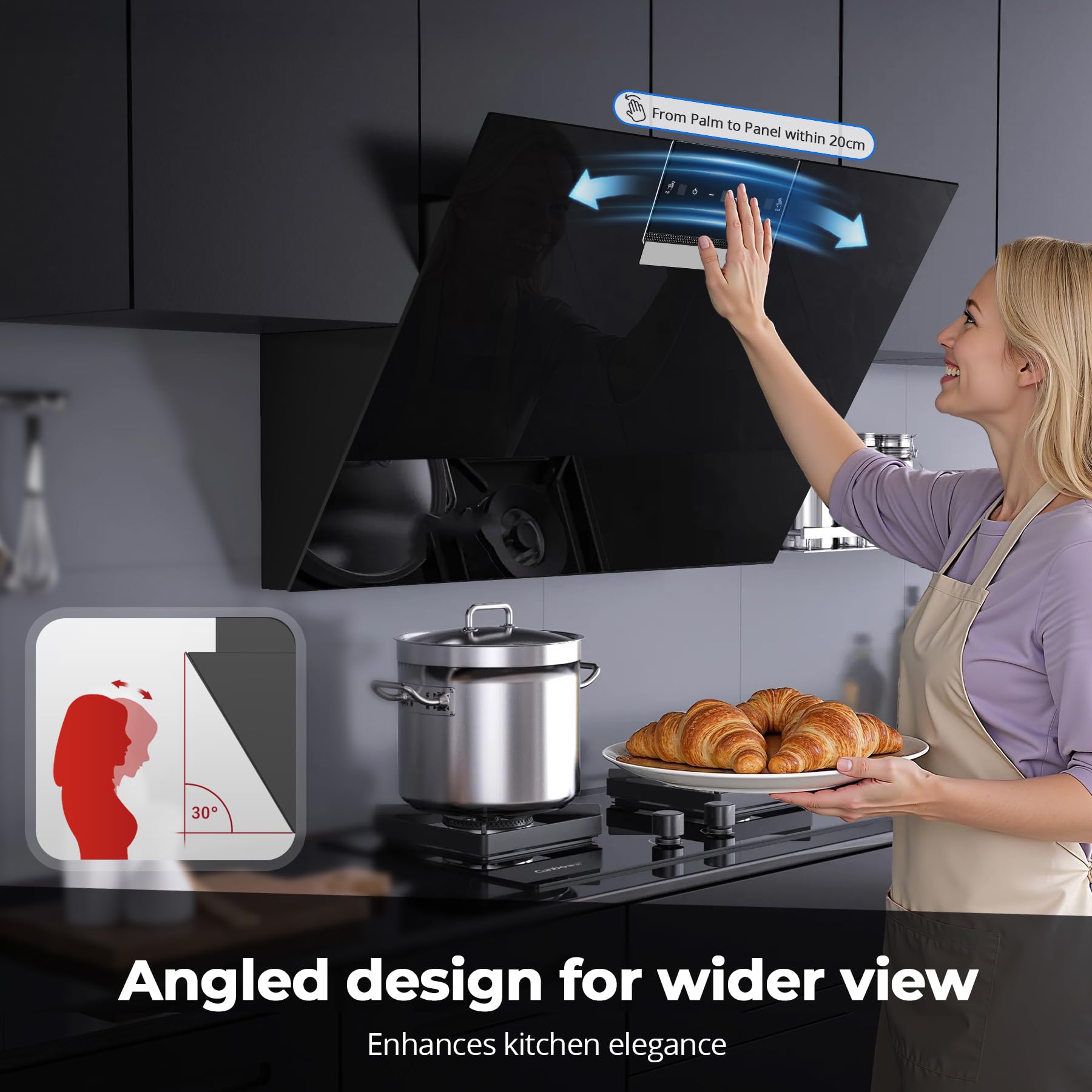 SNDOAS Cooker Hood 60cm, 800 m³/h Kitchen Extractor Fan, Recirculating & Ducting Modes with Carbon Filters, Class A+++ Extractor Hood, Black Glass Touch Control with 3 Speed + Booster — view 5