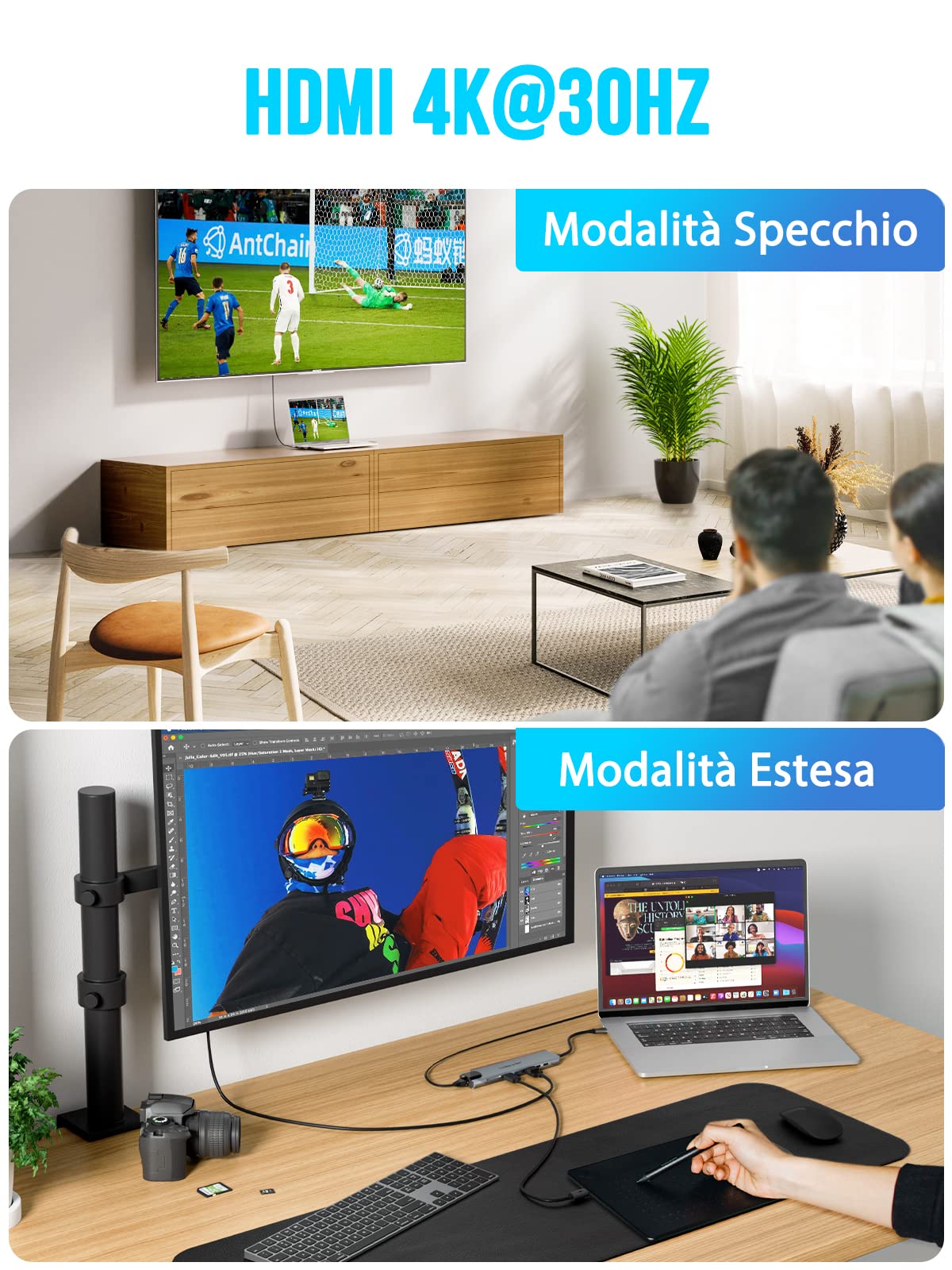Lemorele Hub USB C Ethernet -8 in 1, Alluminio Adattatore Mac USB C Hub con HDMI 4K,PD 100 W, 2 USB 3.0, SD/TF, Dati USB-C, Docking Station Adattatore per MacBook Air/Pro,Dell,Hp,Switch, Windows