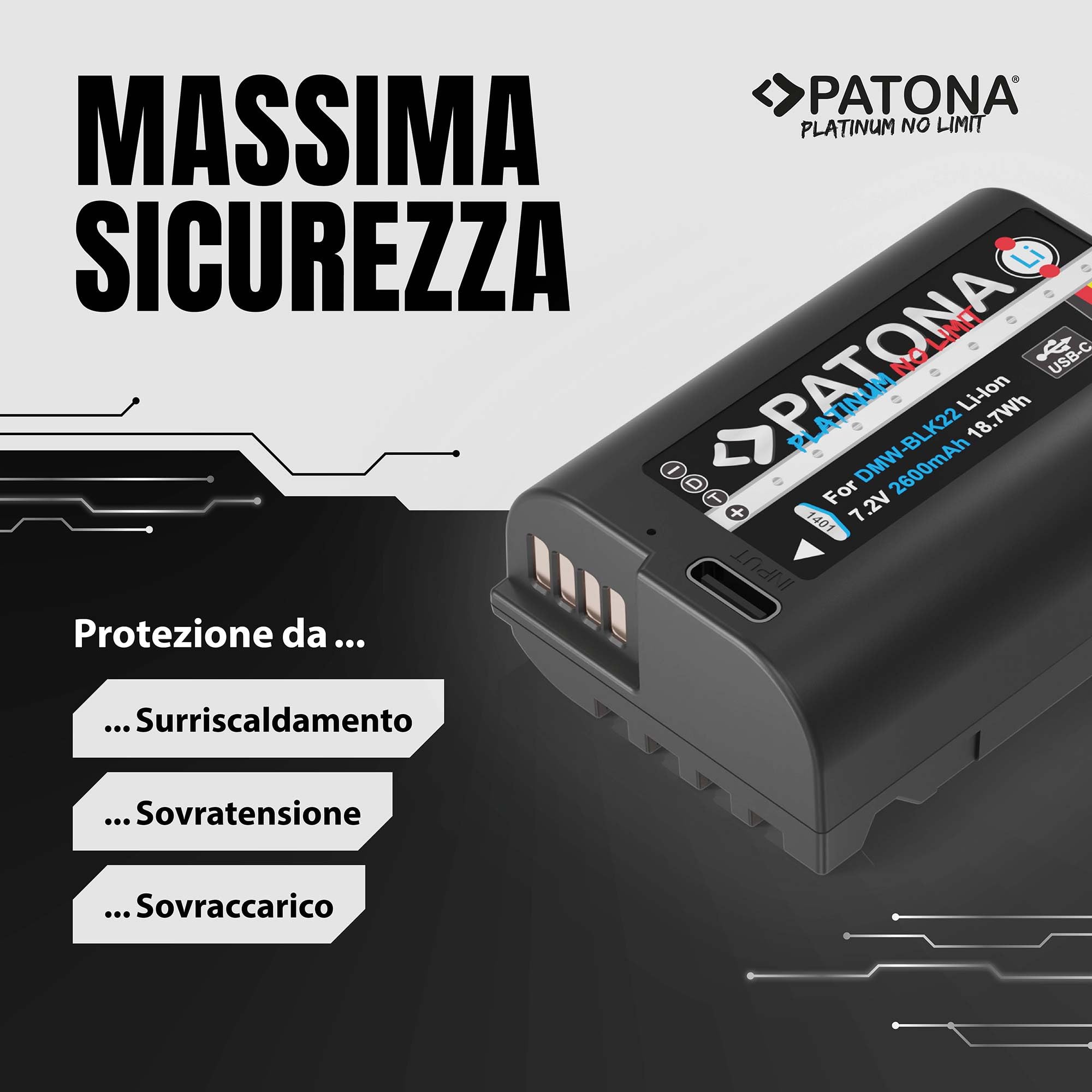 PATONA Platinum DMW-BLK22 Batteria 2600mAh con USB-C – ricambio per Panasonic DMW-BLK22 – per Lumix S5 II/IIX S5 S9, G9 II, GH5 II GH5S, GH6, GH7 – si ricarica via cavo, ideale per video 4K/6K
