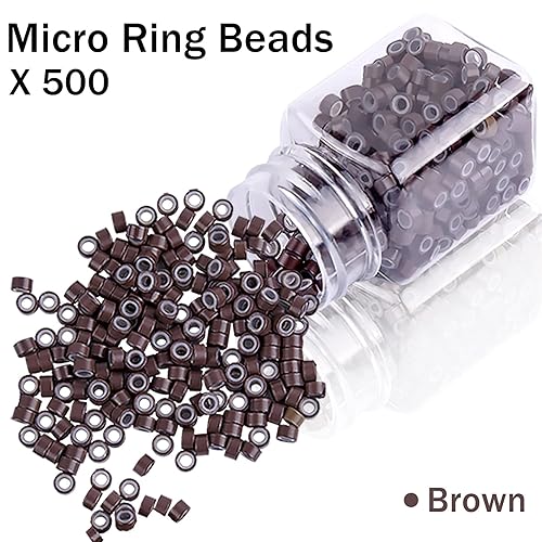 Miniatura 5 de Duufin Kit de extensiones de cabello, 500 piezas de cuentas de micro anillo marrón, 1 alicates de microcuentas, 2 ganchos, aguja de tracción, 4