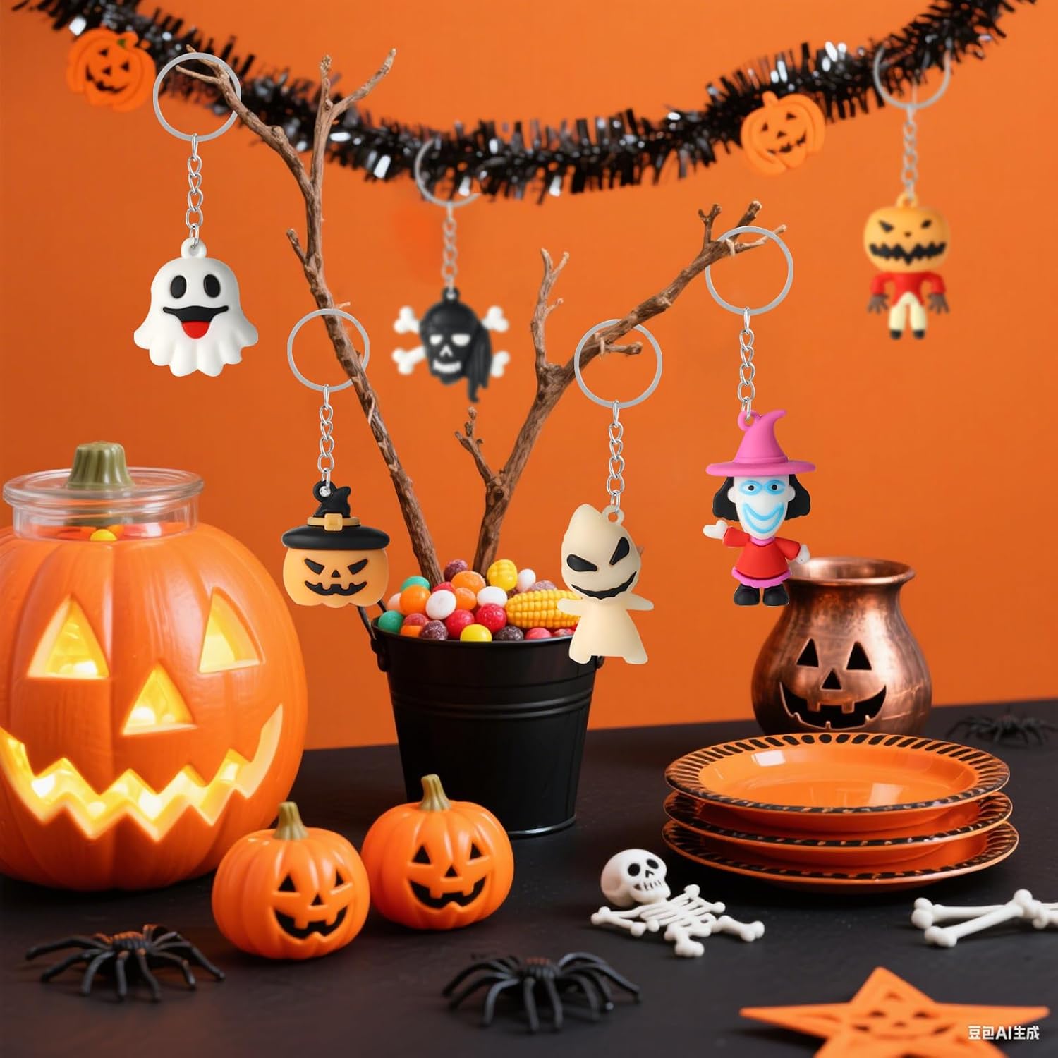 48 Pcs Halloween Cute Keychains Bulk, Ghost Pumpkin Bat Shaped Rubber Ornaments With Keyrings For Halloween Party Supplies, Classroom Giveaways