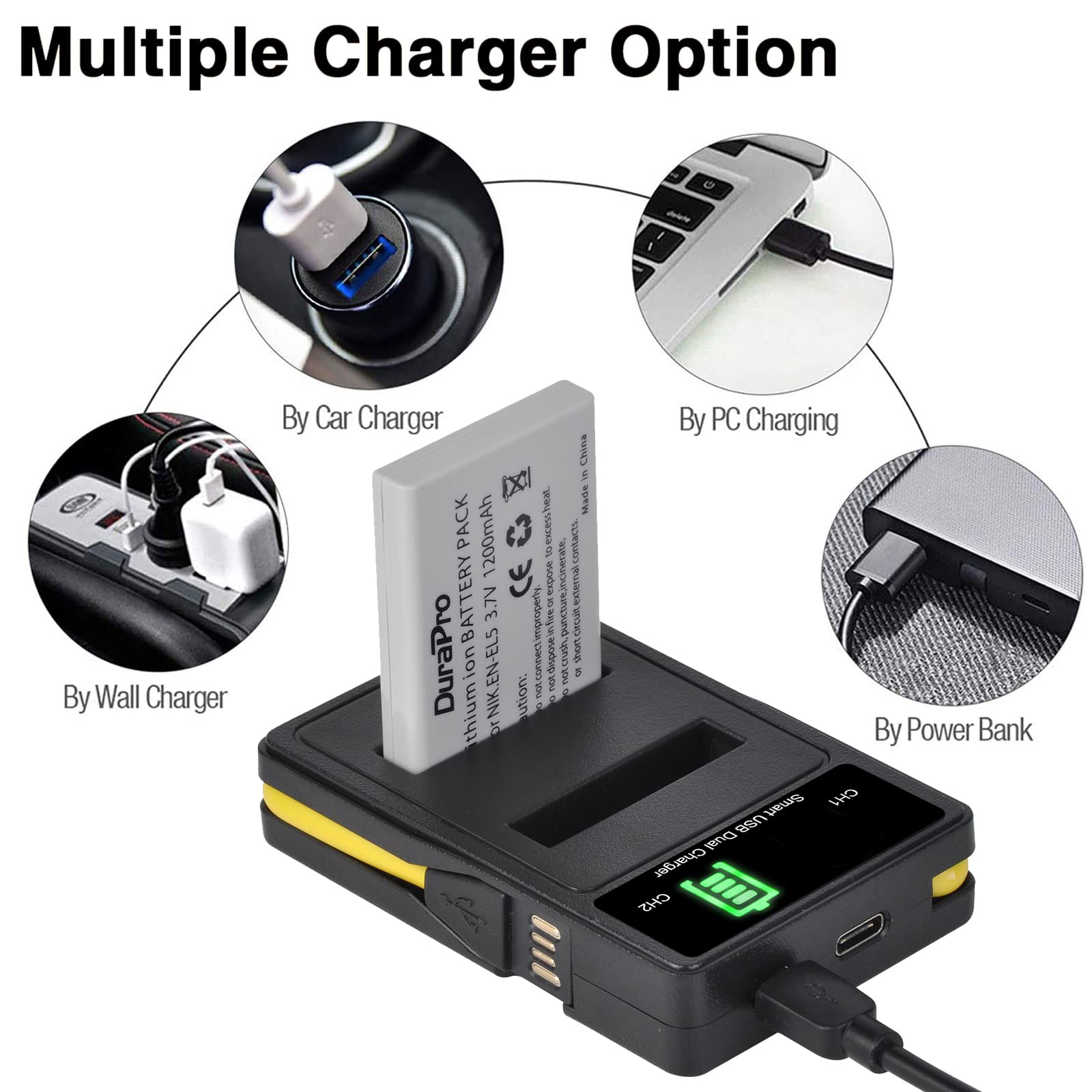 2X en-EL5 Battery Batterie + LED Dual Built-in USB Charger with Type C Port Compatible avec Nikon Coolpix P90 P80 P100 P500 P510 P520 P530 P5000 P5100 P6000 5900 7900 Coolpix S10 Caméra