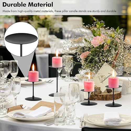Miniatura 5 de Juego de 6 portavelas, soporte de vela de pilar de metal para mesa, boda, fiesta, evento, cumpleaños, aniversario (negro)