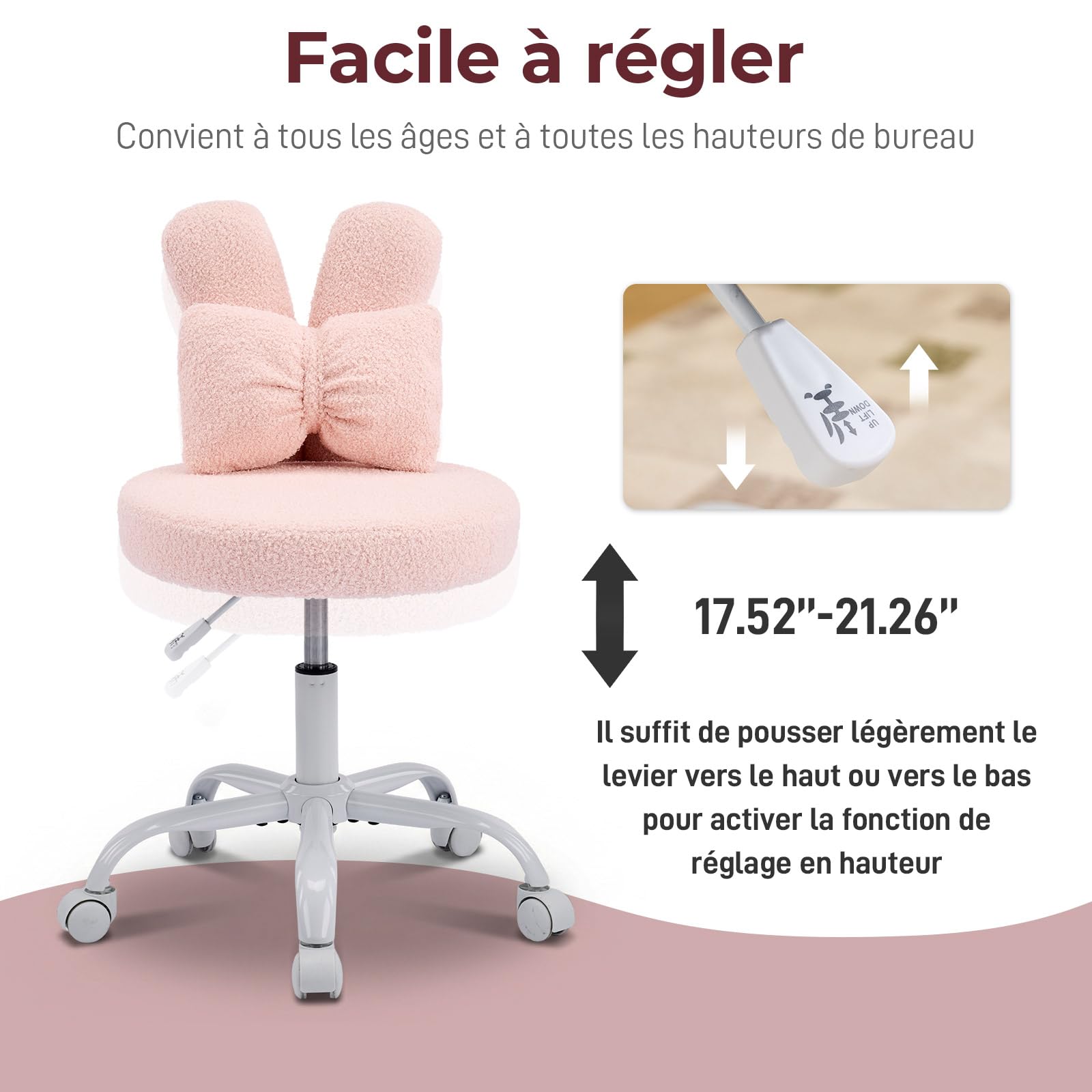 LEADZM Silla giratoria de oficina, silla de oficina infantil, rosa | con cojín lumbar tejido aterciopelado, ajustable en altura, silla de dormitorio