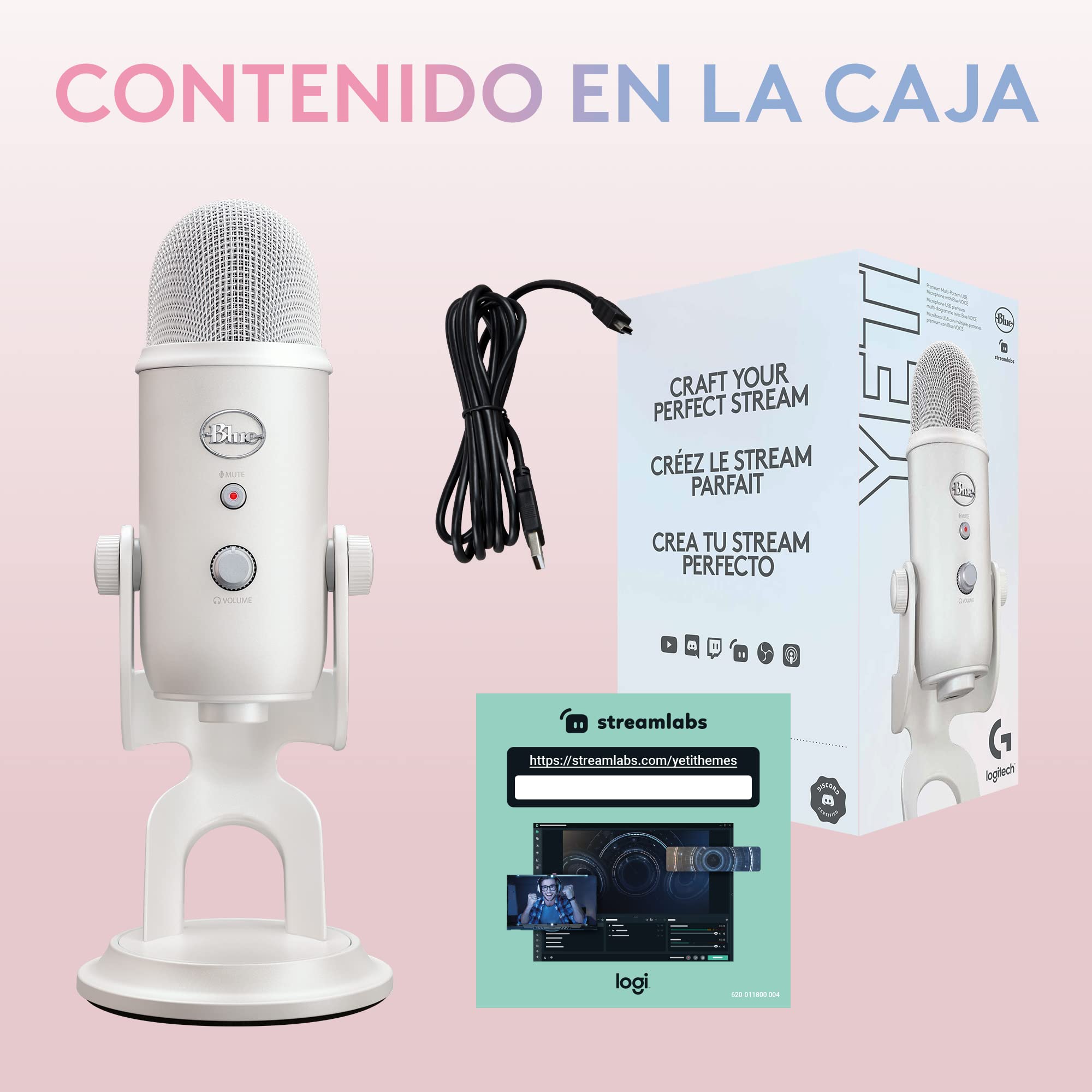 Logitech for Creators Blue Yeti Micrófono USB para Streaming de Gaming, Software Blue Vo!CE, PC, Podcast, Estudio, Mic para Ordenador, Temas únicos de Streamlabs, Acabado de Edición Especial - Blanco