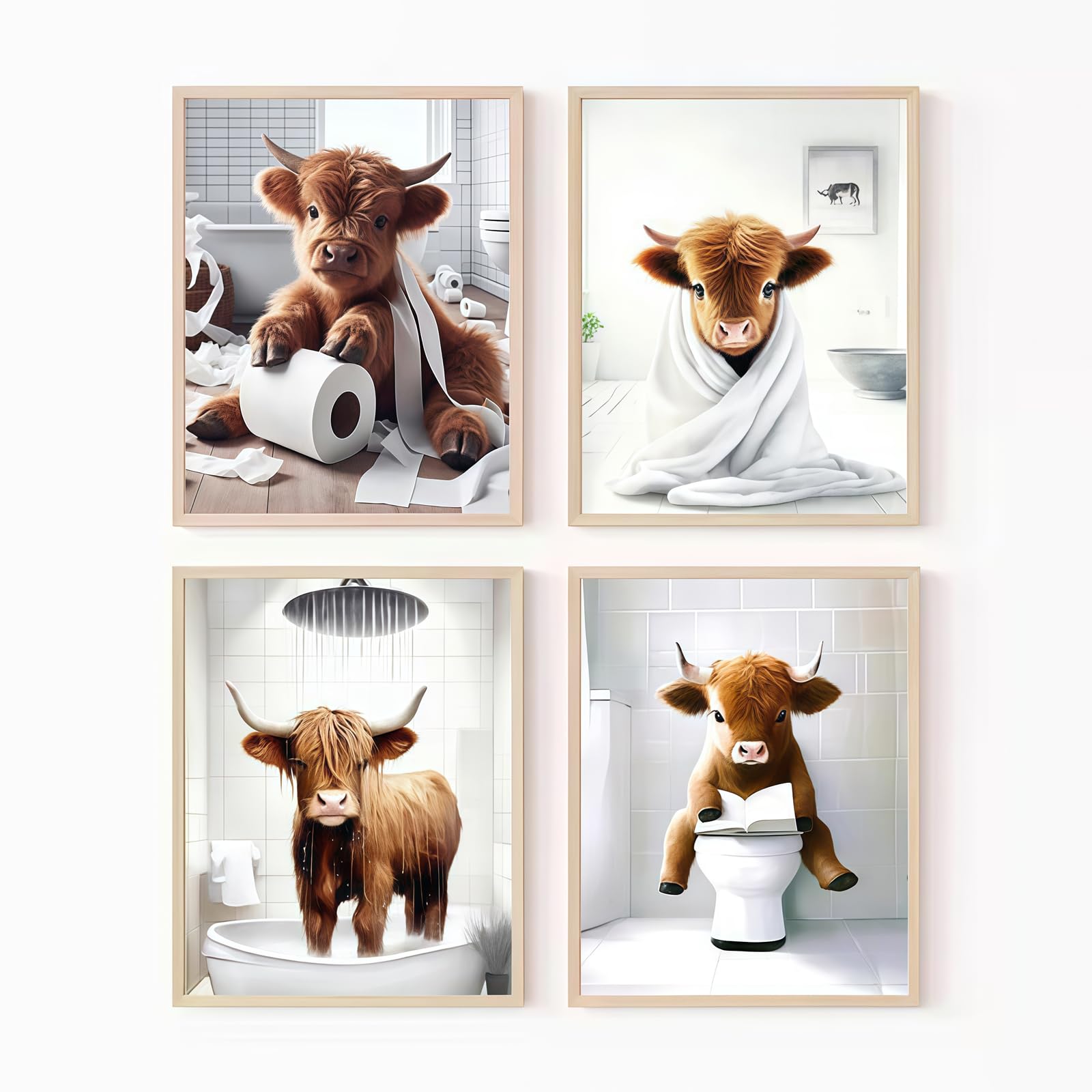 QIANSSE 4PCS Funny Highland Cow Wall Art 8x10