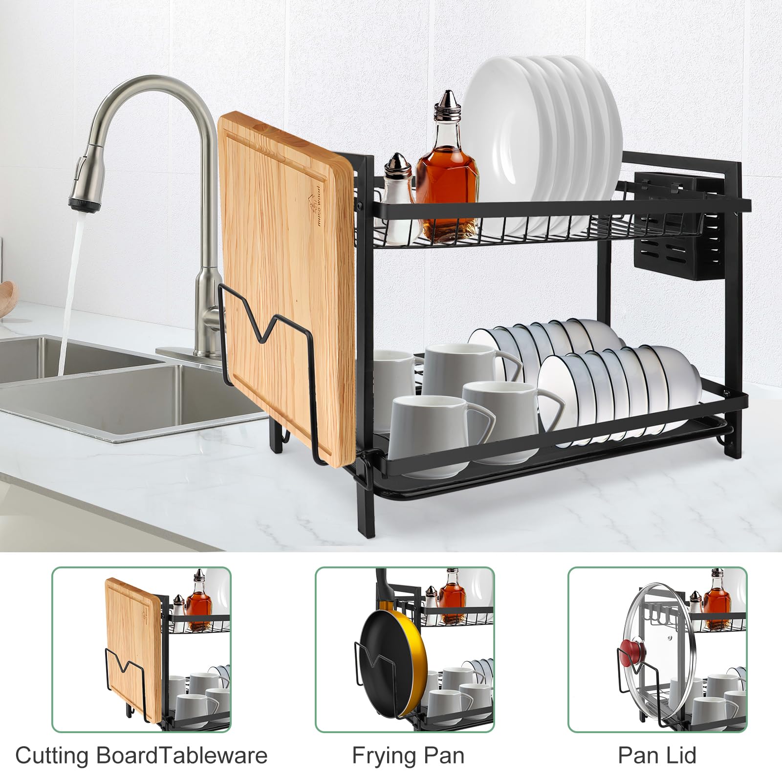 MXTIMWAN Escurridor de Platos, Escurreplatos Acero Inoxidable Cocina, Escurre Platos Armarios, 2 Niveles Escurridor Fregadero de Platos con Soporte para Tabla de Cortar et Bandejas de Goteo, Negro