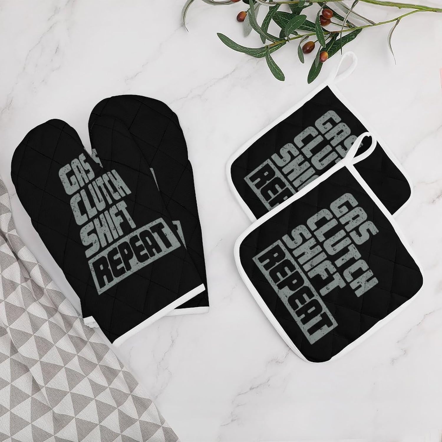 Gas Clutch Shift Repeat Oven Mitts and Pot Holders 4Pcs Set Heat Resistant Cooking Mitts Hot Pads