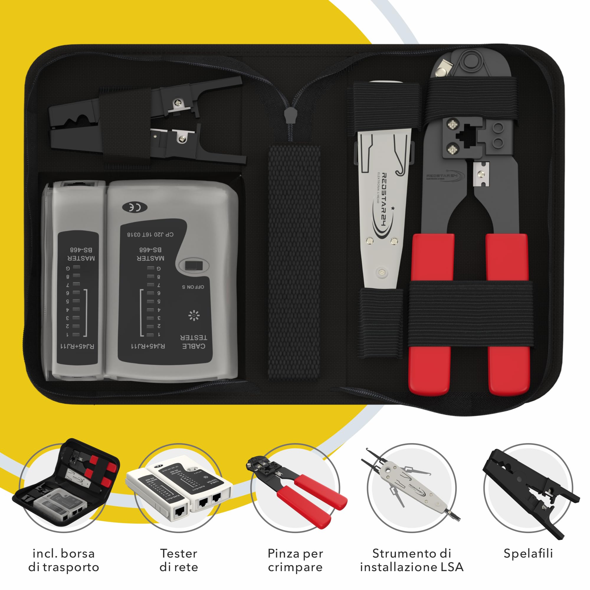 Redstar24 Set di attrezzi di rete 4 in 1 – LSA, pinza crimpatrice RJ45, tester di rete LAN, spelafili per RJ45, RJ11, CAT7, CAT6a e CAT6