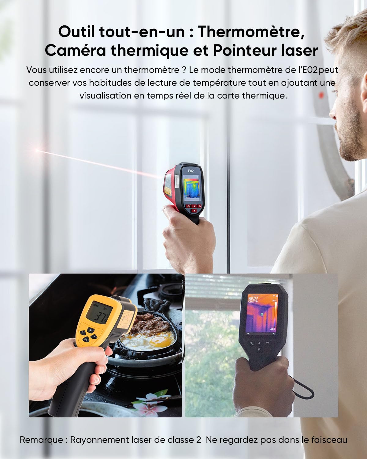 Caméra thermique E02,SuperIR Résolution IR 240x240 avec caméra visible, portable d'imagerie thermique infrarouge avec pointeur laser, fréquence de rafraîchissement 20Hz, -20°C à 400°C