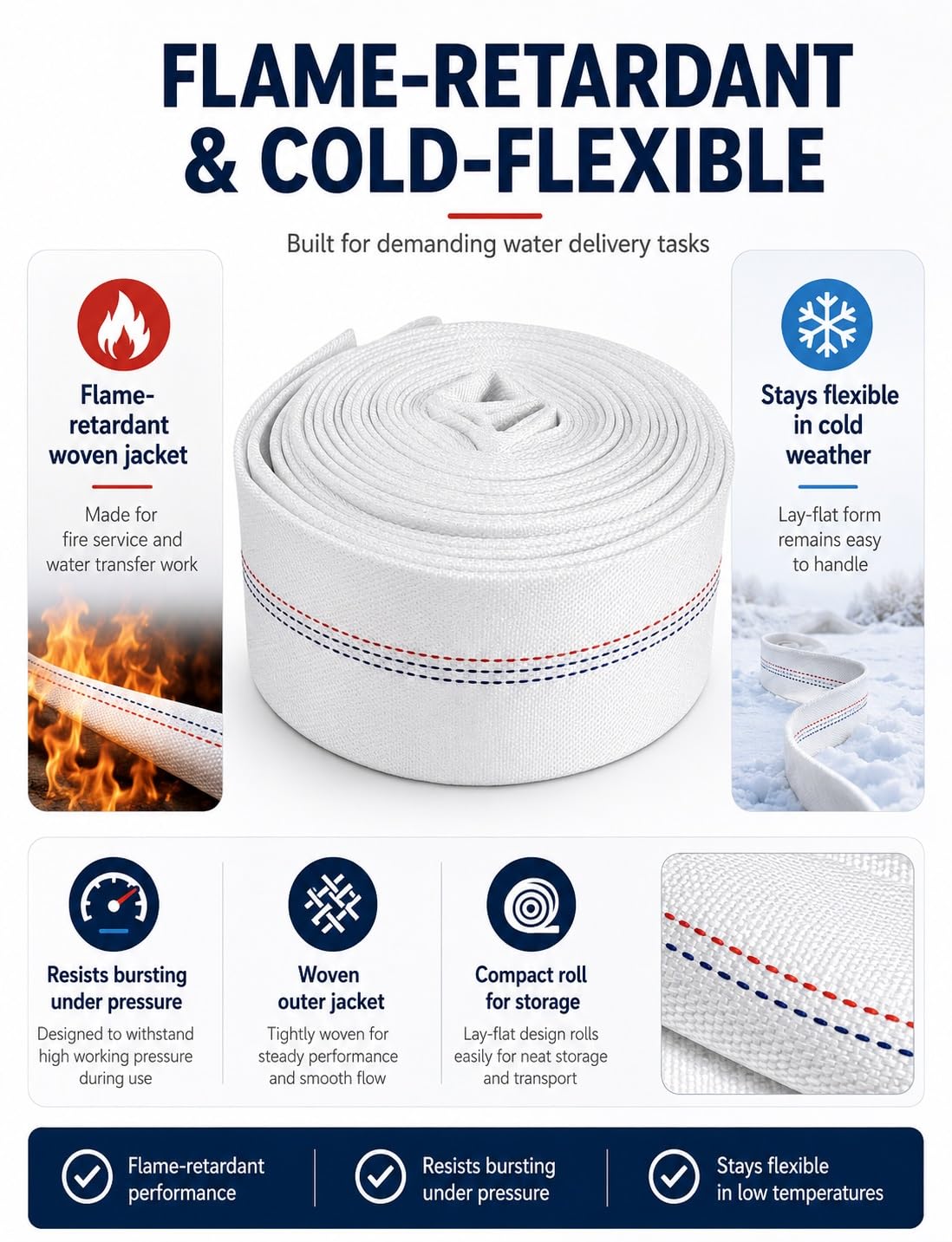 Flachschlauch Druckschlauch für Löschwasser, Feuerwehrschlauch Rolle，Pumpenanschluss, Entwässerung, Baustelle, Landwirtschaft und Bewässerung(13-65-20)
