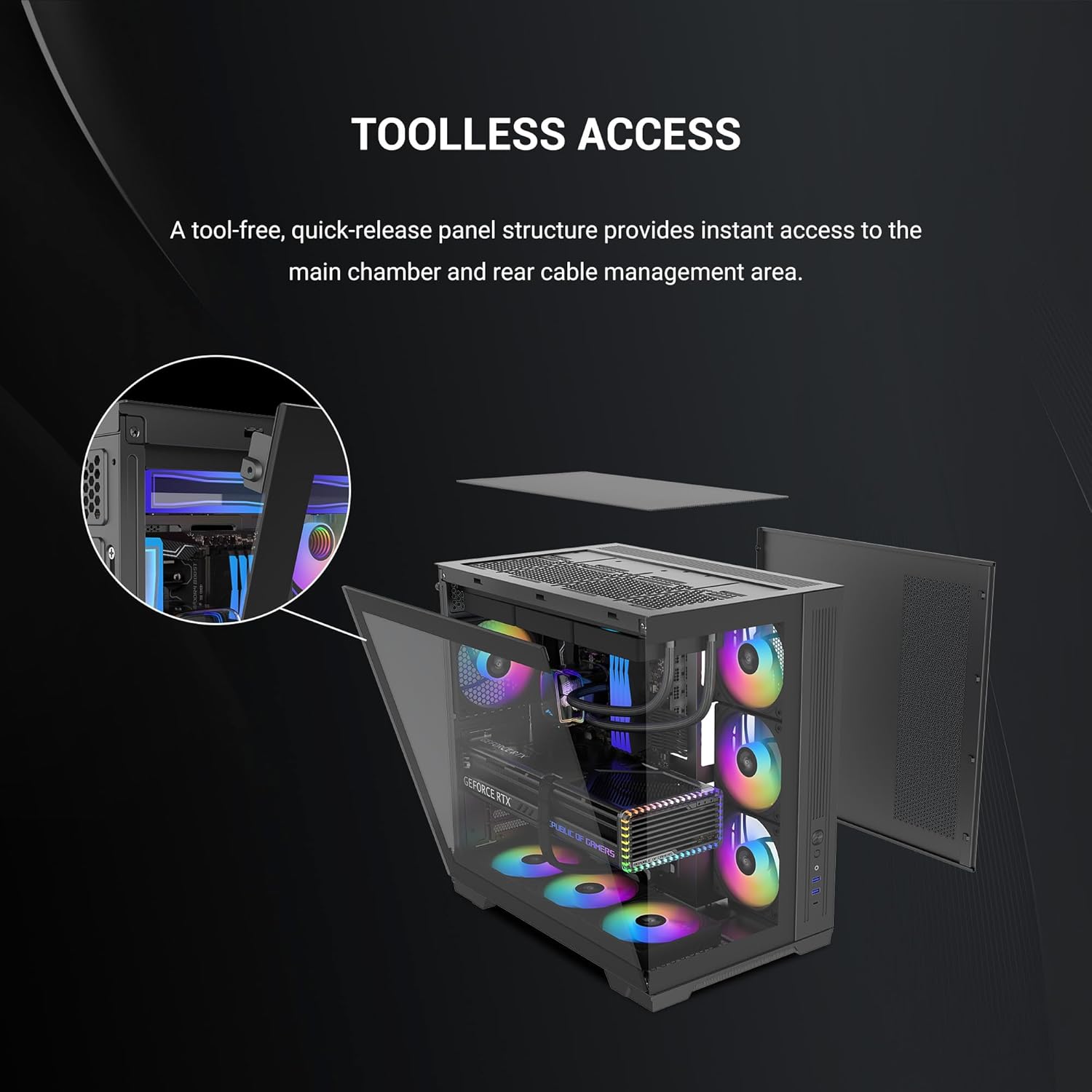 Diagram showing toolless access to the SAMA V52 PC case panels