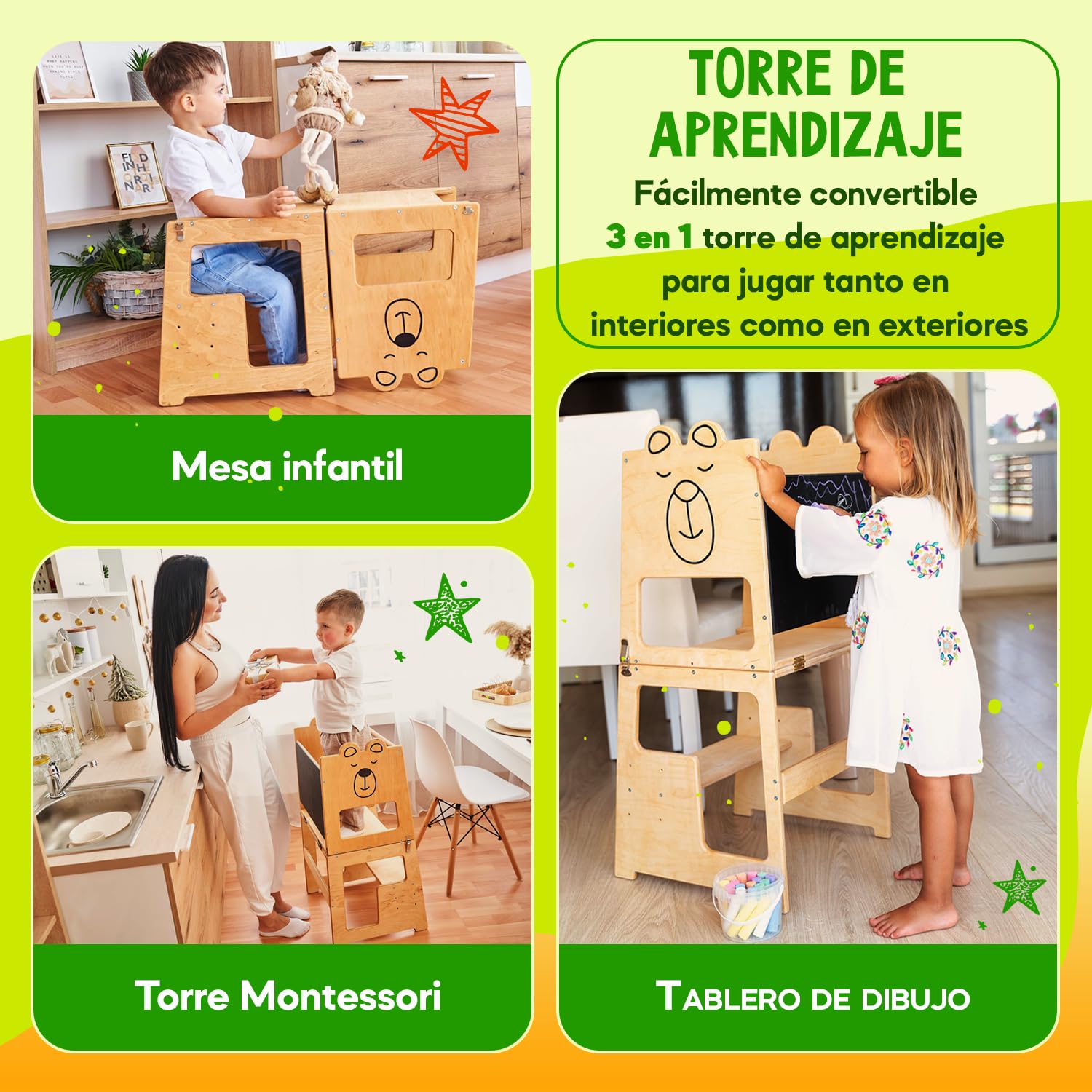 KAUZA Torre de Aprendizaje Montessori Plegable para Niños – Ajustable en Altura, Transformable en Mesa y Silla, Ideal para la Cocina, Juegos y Actividades, Seguridad Garantizada, Madera Natural