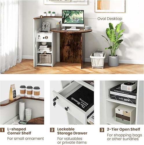 Miniatura 4 de Giantex Escritorio de recepción, mostrador delantero con cajón con cerradura, mesa de pago con mesa redonda, estante de esquina y estante ajustable