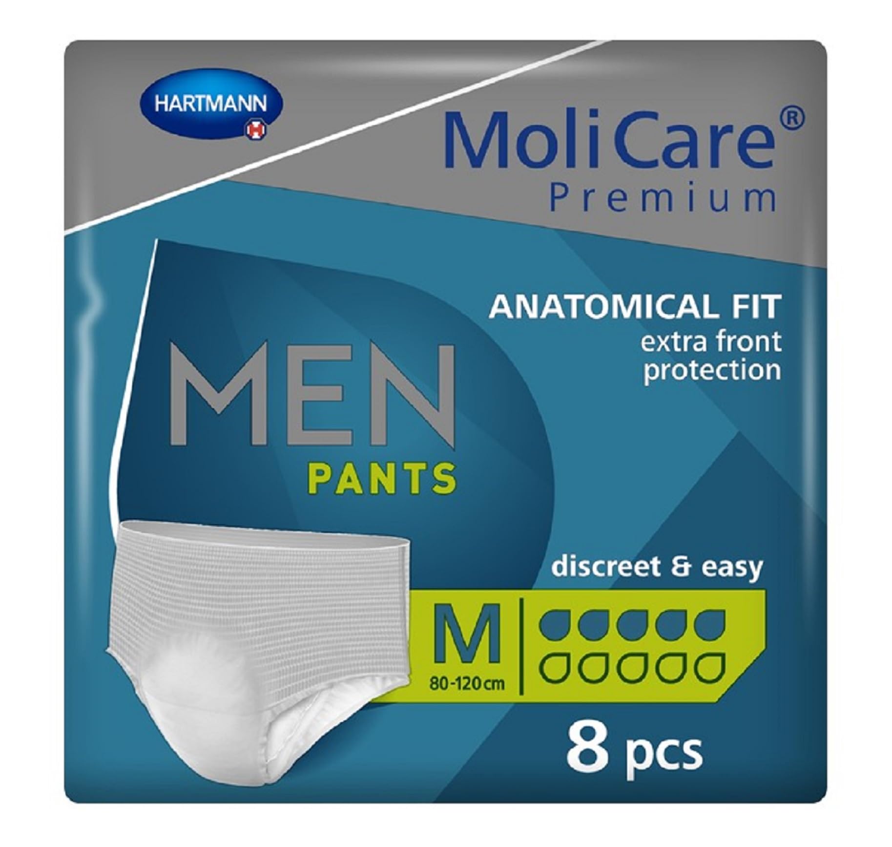 MoliCare Premium Men Pants | 5 Drops | Discreet Bladder Weakness Underpants | Fast Absorption and Leak Protection | Size M | 31-47 inches (80-120cm) | Pack of 8