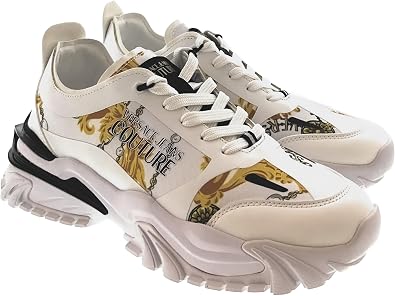 VERSACE JEANS COUTURE Mens Chunky Baroque Panel White Gold Sneakers