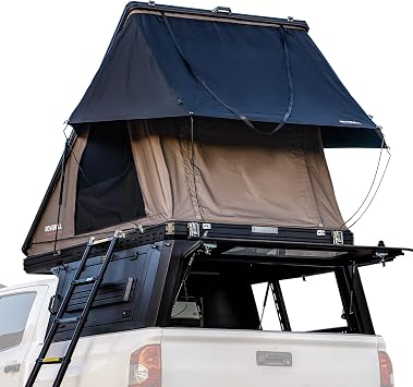Truck Canopy with Rooftop Tent, Hardshell Hard Shell Roof Top Tent and Camper Shell Cap, with LED Light Strip, USB Charing Station, Aluminium Telescopic Ladder, Memory Mattres