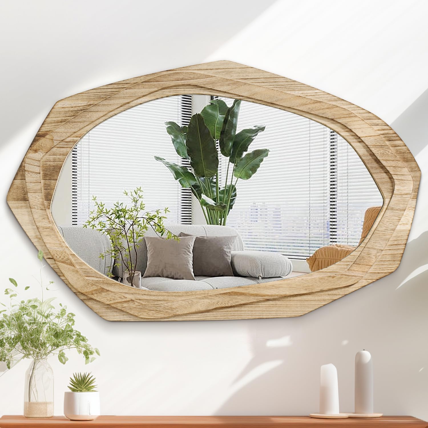 AAZZKANG Espejo de pared irregular grande con marco de madera, 70 x 45 cm, espejos colgantes asimétricos rústicos para baño, dormitorio, sala de estar, entrada