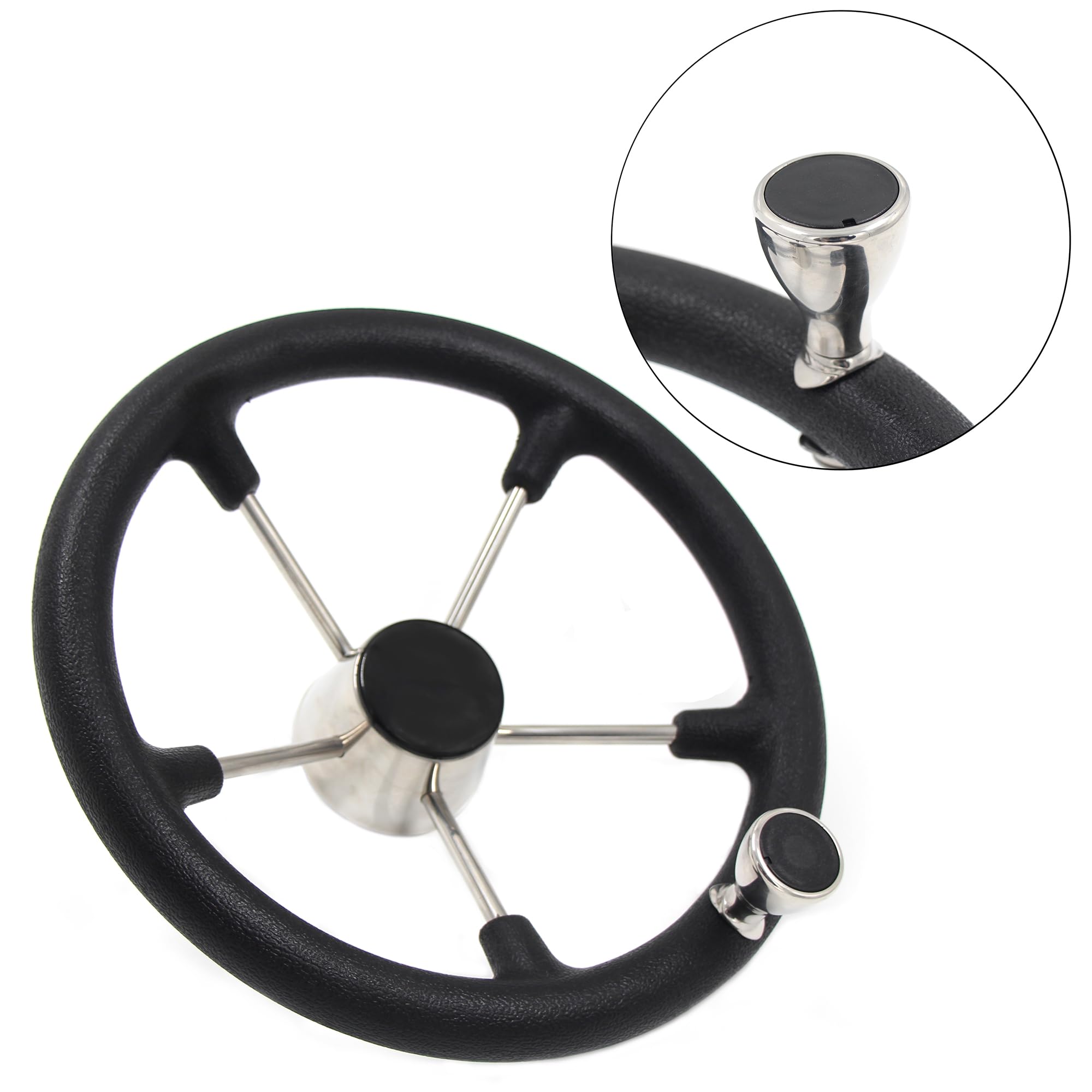 Winibo Stainless Steel 5 Spoke Boat Marine Steering Wheel (13-1/2 Inch Boat Steering Wheel with Black PU Foam and Button, Universal)