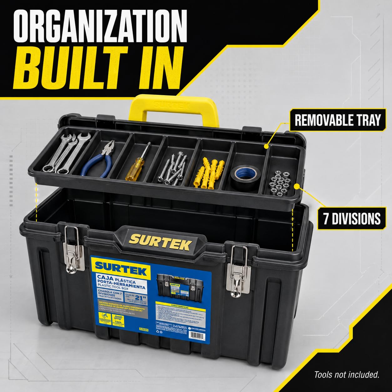 SURTEK Caja de herramientas – 21 x 11 x 10 pulgadas con construcción de plástico ABS moldeado y diseño de cierre de metal de doble cierre – CPS20, color negro