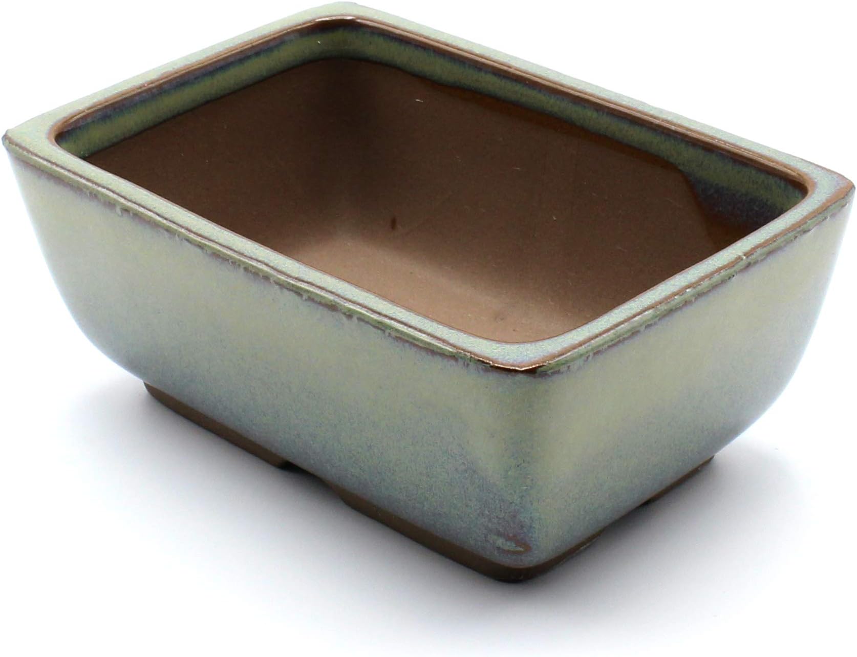Bonsai Pot Ceramic Rectangle Round Shaped Corners Moss Green Glazed (4.75", Oribe-Yu)