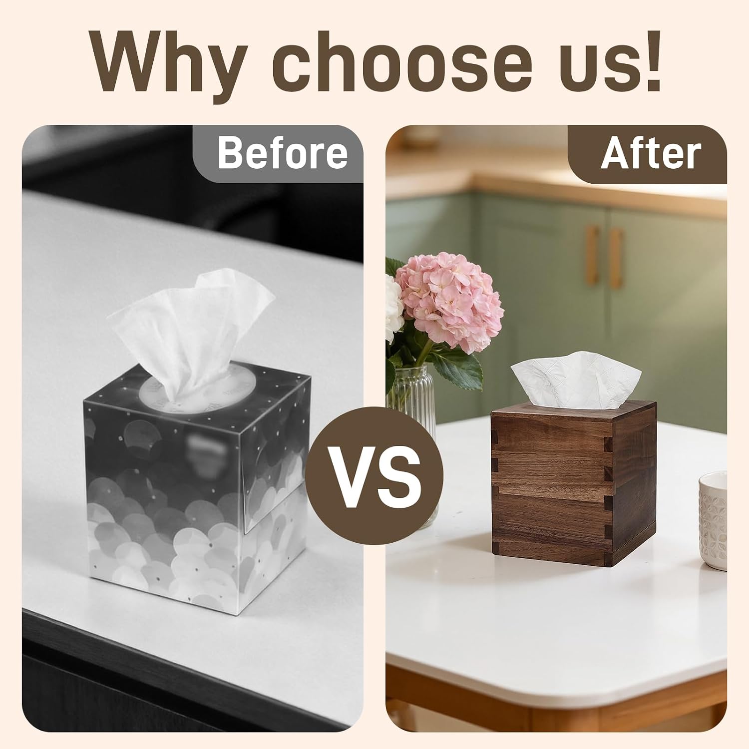 Solid Black Walnut Tissue Box Cover Square – Handcrafted Wood Tissue Holder with Mortise & Tenon Joinery, Fits Standard Cube Tissue Boxes