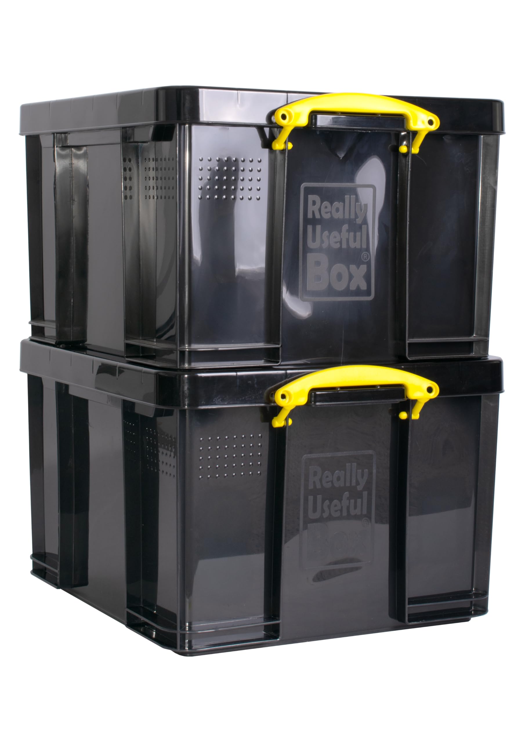 Really Useful Box Plastic Storage 42L Solid Black with Yellow Handles Pack of 2