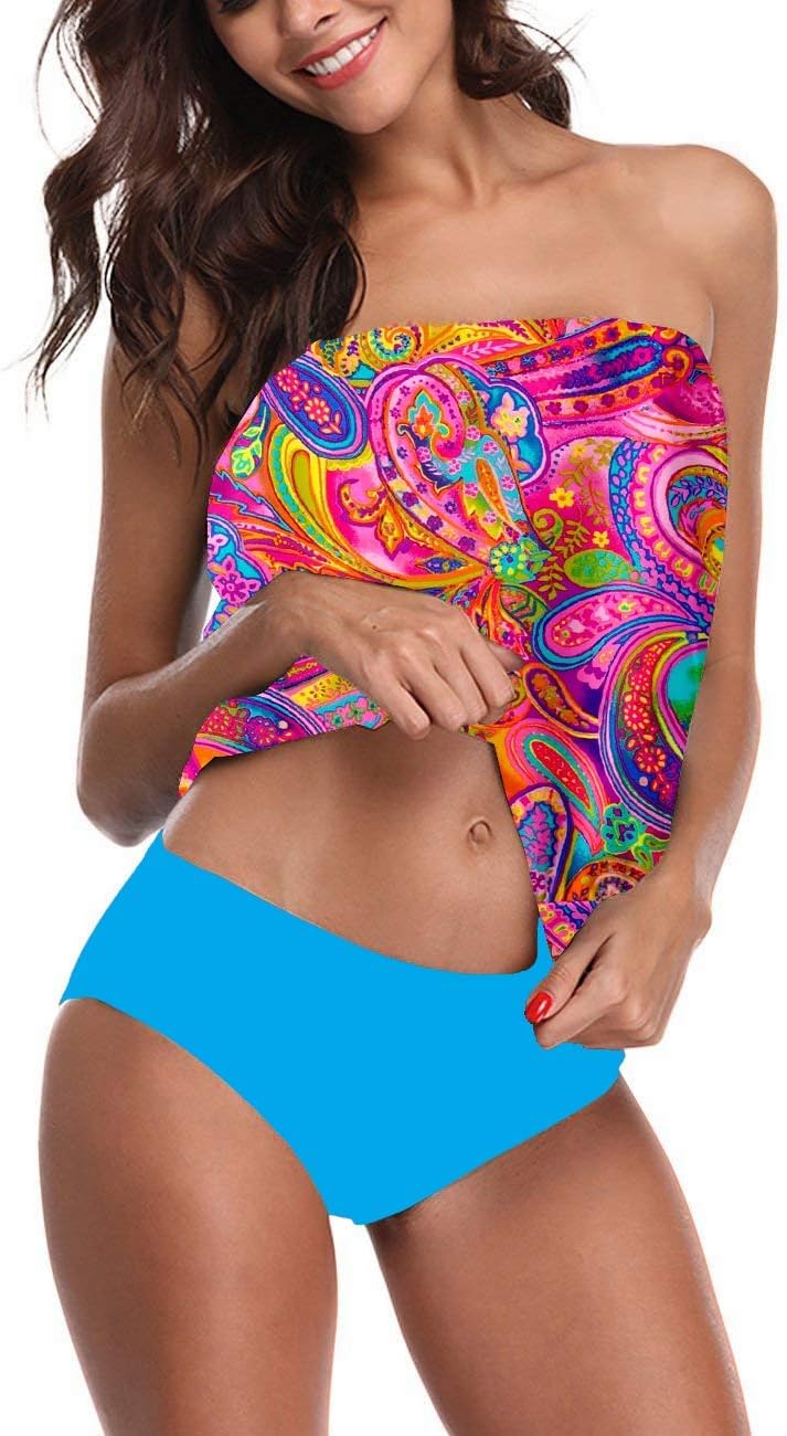 Two Piece Bandeau Tankini Swimsuits for Women Loose Blouson Swim Top with Bikini Bottom Tummy Control Bathing Suits