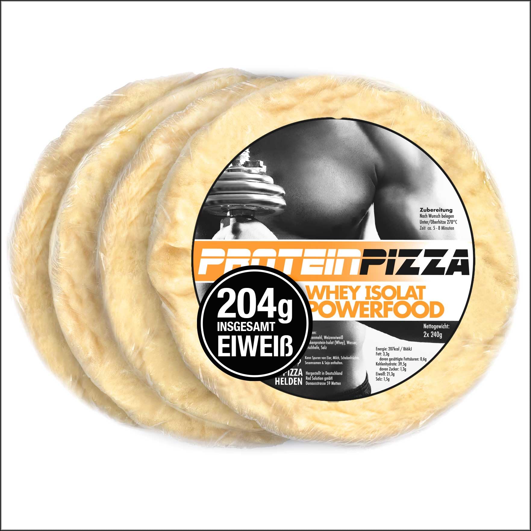 4 x Protein Pizza Boden, High Protein Pizzateig, Mit Whey Isolat, vorgebacken im Steinofen, Low Carb, ideal für Fitness-Sportler