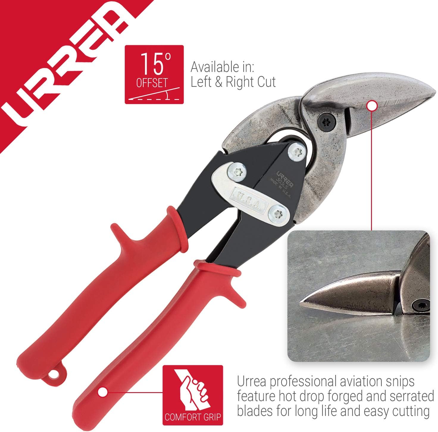 URREA Aviation Snips - Left Cut Offset Metal Cutting Shear with Forged & Serrated Blades - 303LS