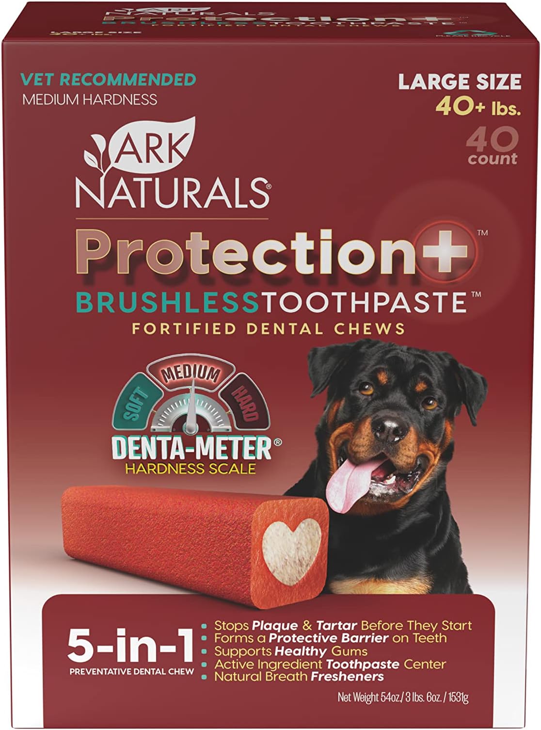 Ark Naturals Protection+ Brushless Toothpaste – Large Breeds, 54oz Bag – Dog Dental Chew with Toothpaste Center – Prevent Plaque & Tartar and Freshen Breath with Dental Chews for Dogs
