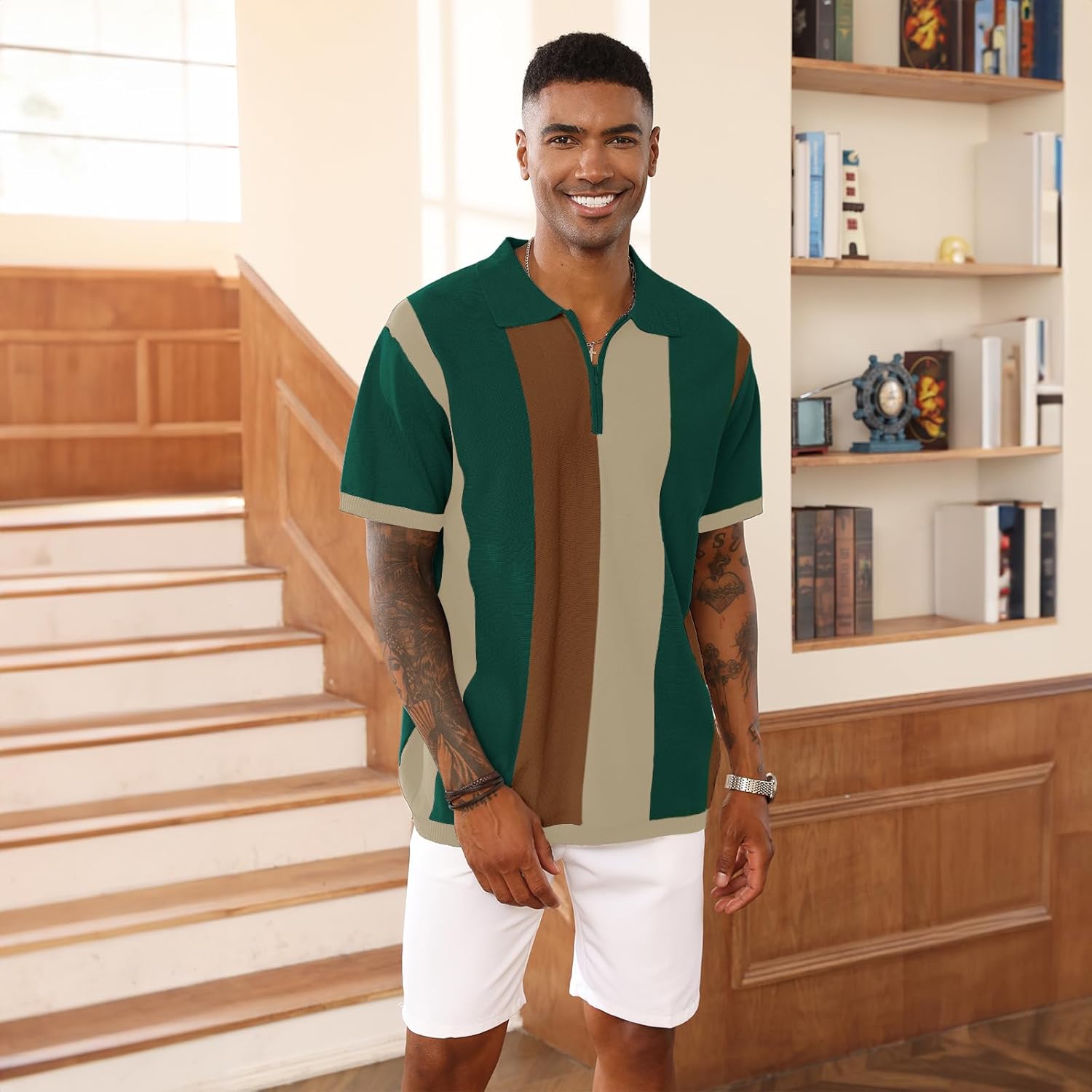 Men's Fashion Polo Shirts Vintage Striped Knitting Shirts Casual Slim Fit Golf Shirts - Image 4