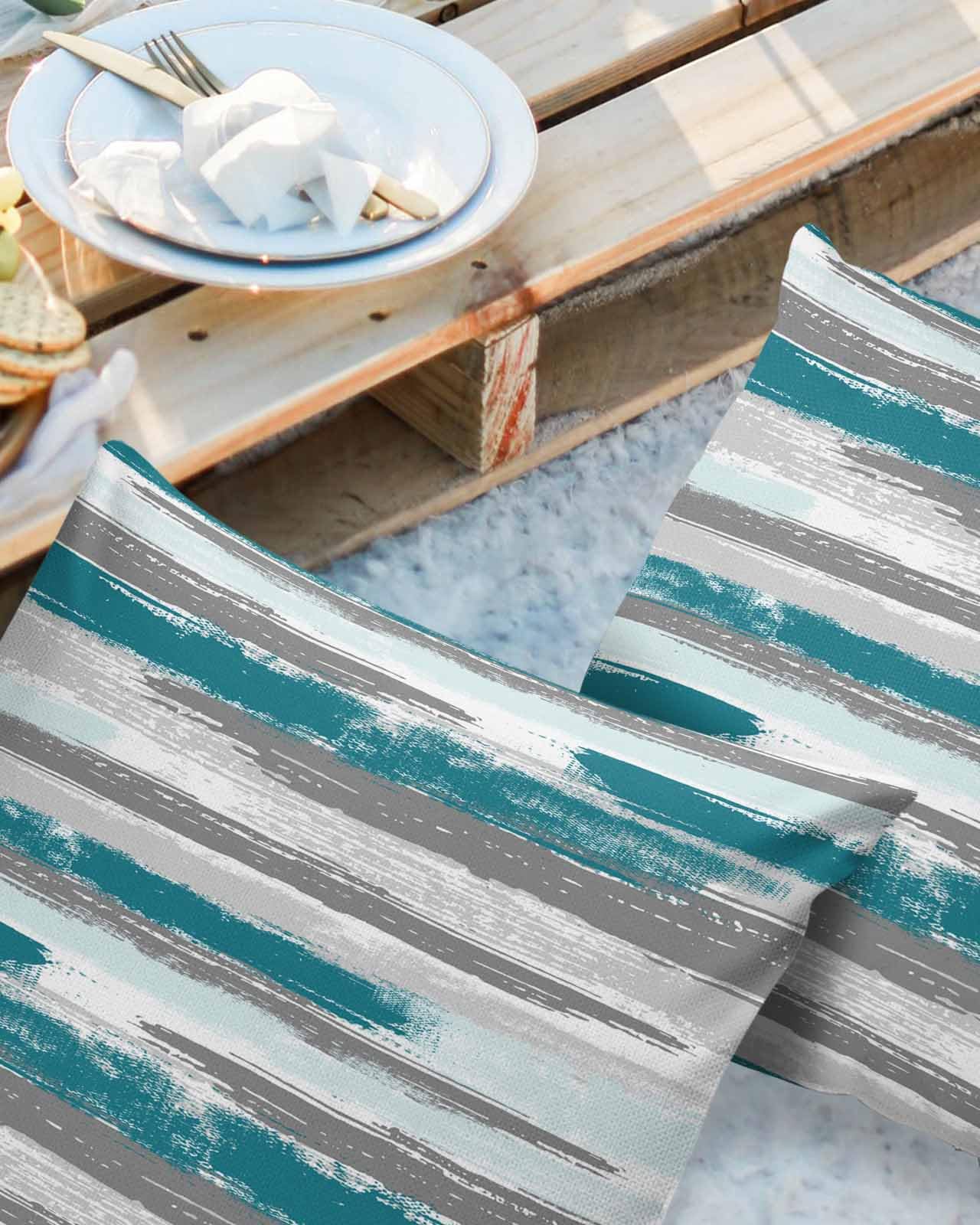 Abstract Art Outdoor Pillow Covers Waterproof, All Weather Cushion Case Set of 2, Contemporary Tainted Teal Grey White Painting Decorative Pillowcases for Sofa Couch Bed Decor Patio Furniture 20